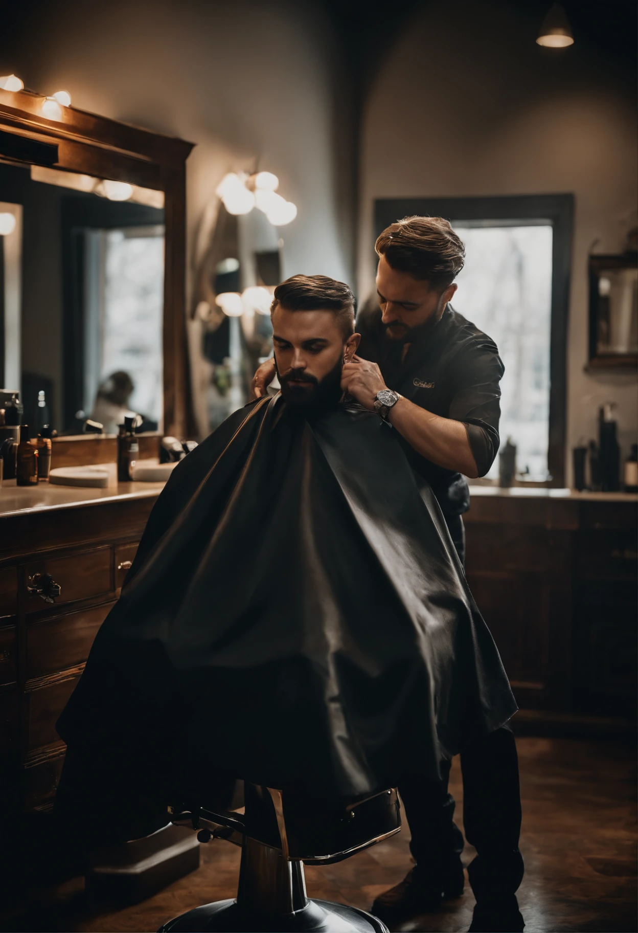 Depict a detailed scene of a talented barber cutting a client's hair in gradient style. Explore the ambiance of the barbershop, the precise movements of the barber and the expression of satisfaction on the client's face while the gradient haircut is being performed.