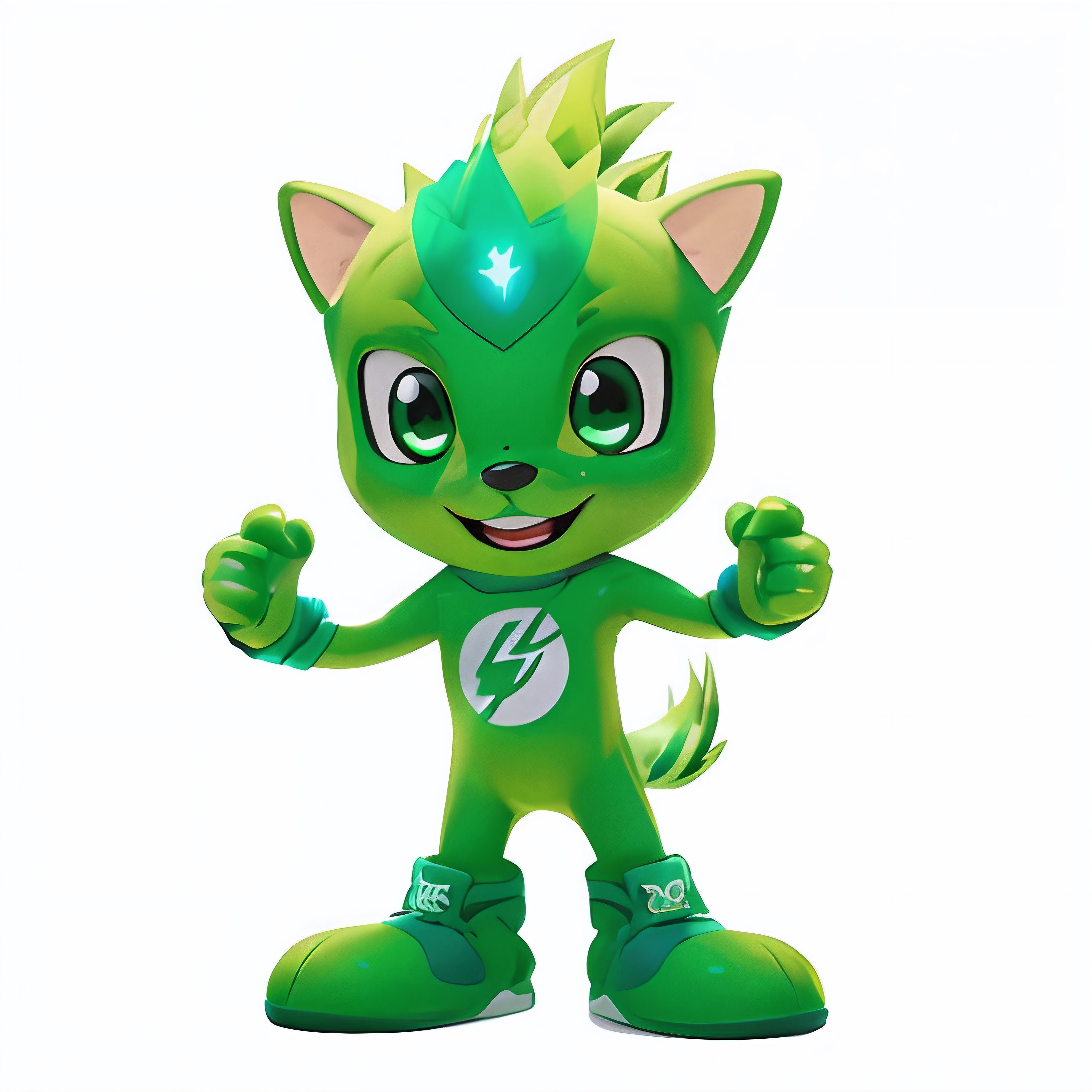 A non-human mascot in a lateral profile pose with a highly cheerful and energetic design, representing the energy associated with electricity. The mascot must be green, and wear green clothing, with physical characteristics that include happy eyes, round ears, a smiling mouth smile with straight teeth, and an agile body in a profile pose, pointing to the side. The highlight of the mascot must be a bright thunder ray of energy drawn on the chest, radiating vitality with neon green color