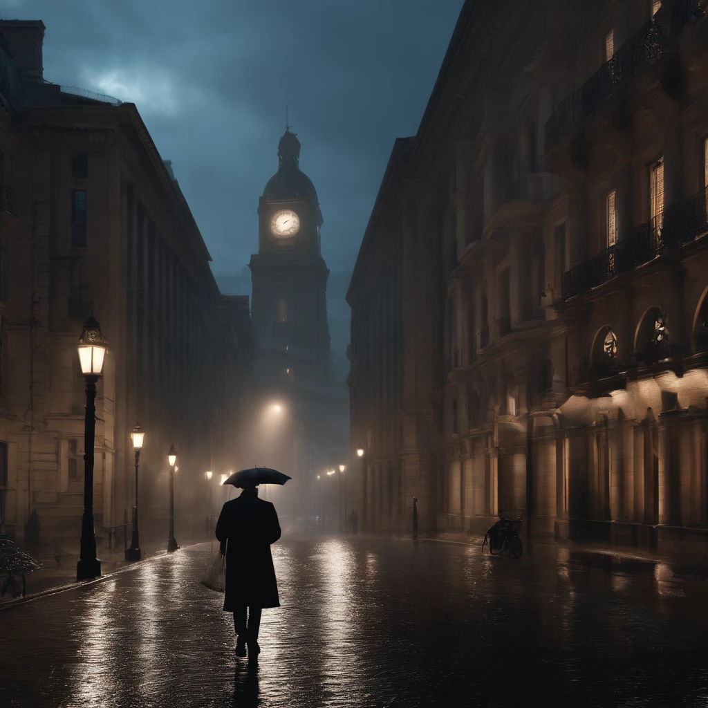 There's a desperate man on a rainy street with a city in the background looking at the clock, time is running out, time does not exist anymore, Realistic. octan render, daily render, A passagem do tempo, o tempo se arrastando por muito tempo, photorealistic cinematic render, A passagem do tempo, Caught in the flow of time with blue lighting