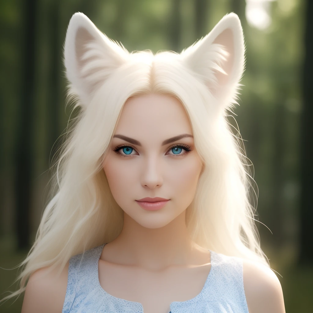 Blonde woman with round hair blue eyes White wolf ears