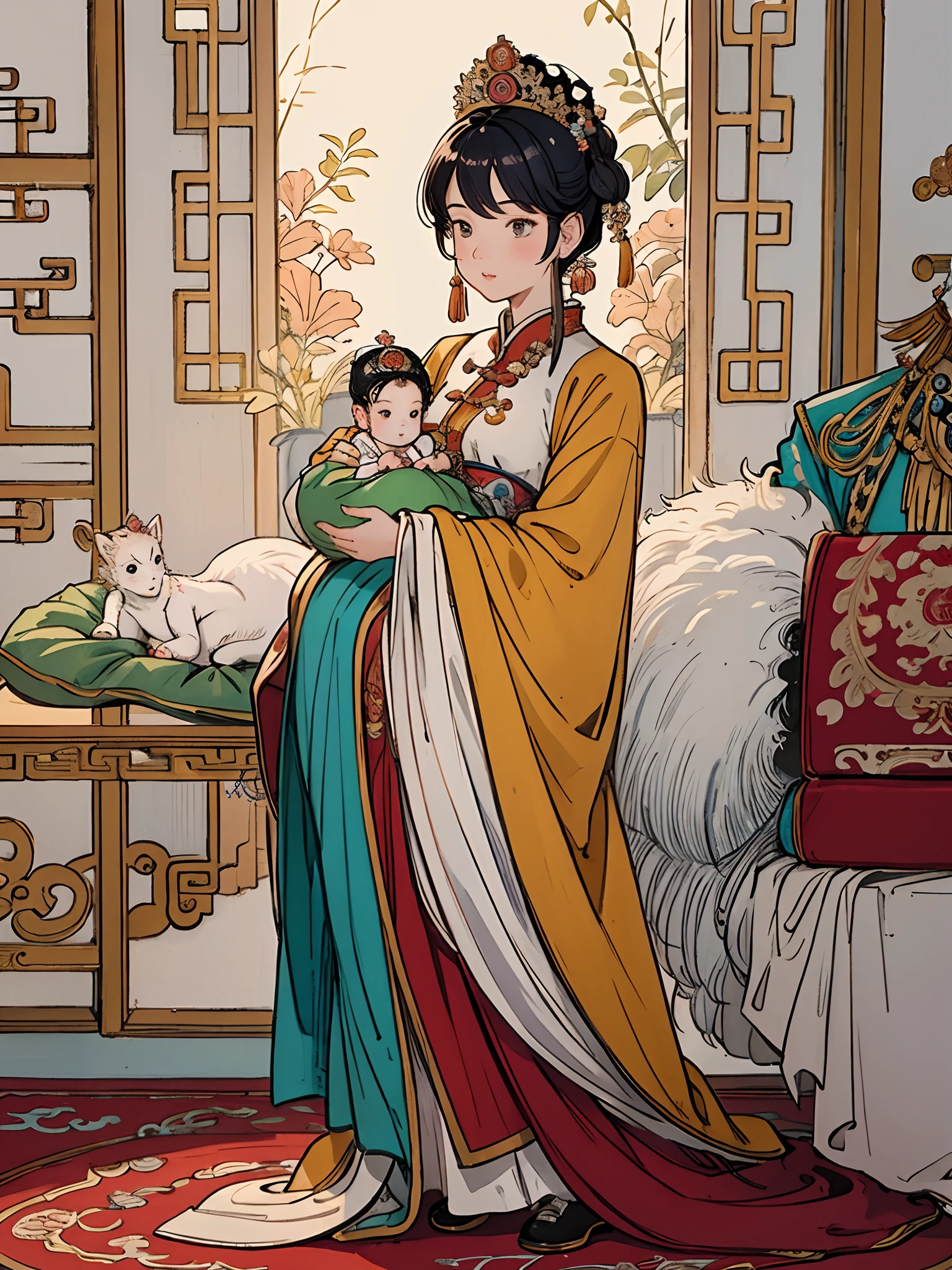 The beautiful 16-year-old Chinese queen holds a (baby prince:1.5) wearing shavings in her arms, Walking, Straight eyes, radiating a brilliant aura, Rosary handle, Crown Team, (Systemic: 2.0), Stand in the cloud, our lady, (full body: 2.0)