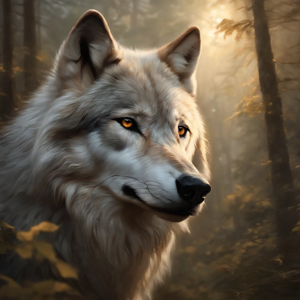masutepiece, Best quality, ((Beautiful and delicate wolf)) (Very detailed CG unity 8K wallpaper), Professional majestic oil painting,author:Ed Blinky, Attia Geylon, by Ghibli Studio, Jeremy Mann, Greg Manchesa, Antonio Moro, Popular on artstation, Trending Mid Journey和Greg Rutkowski CG Society, twists, high detal, Clear focus, Dramatic, Realistic painting