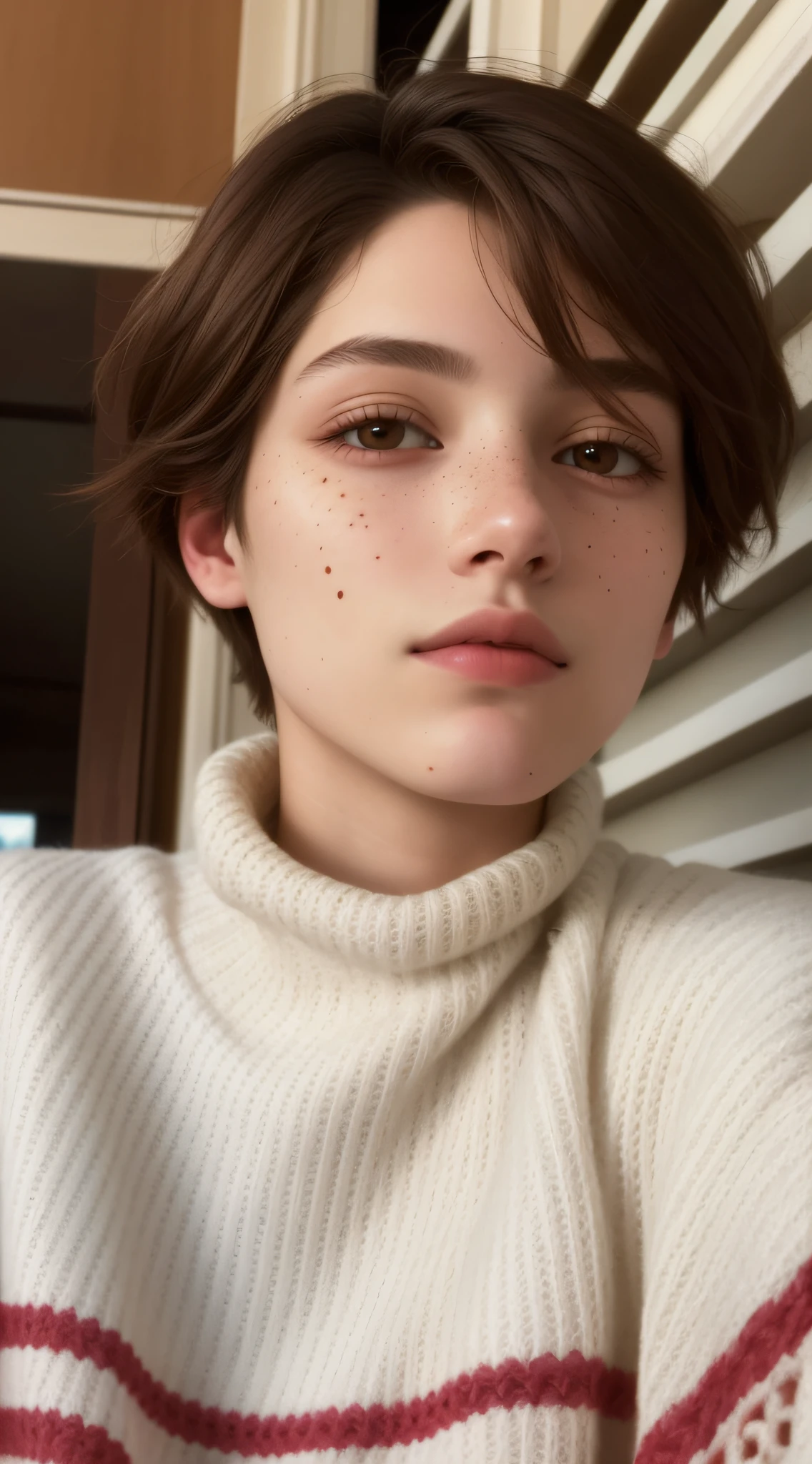 A close-up of a woman wearing a sweater and a cell phone, androgynous face, beautiful androgynous girl, sin maquillaje, 🤤 girl portrait, delicate androgynous prince, androgynous person, androgynous, piel suave, An epic non-binary model, beautiful androgynous prince, pecas suaves, Portrait of an androgynous girl, pecas blancas