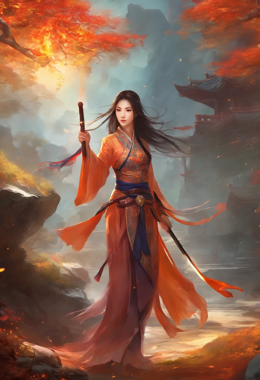 Best quality,masterpiece,ultra high res,(photorealistic:1.4),xiuxian,hyper-realistic fire effect,detailed face,
1girl,long sword,long hair,cleavage,high slit,(fiery aura:1.2),fire magic,beautiful girl,glowing eyes,full body,chinese architecture,heavy snow,combat,battlefield,blood-stained,heavy fighting in background,wuxia,