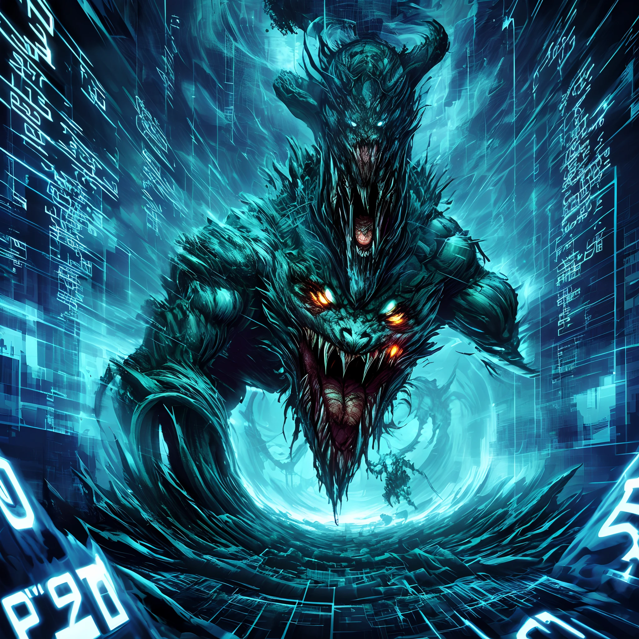 Glitched distorted beast-like inhuman error code monster incorporeal dark horror surrounded in dark glitched void