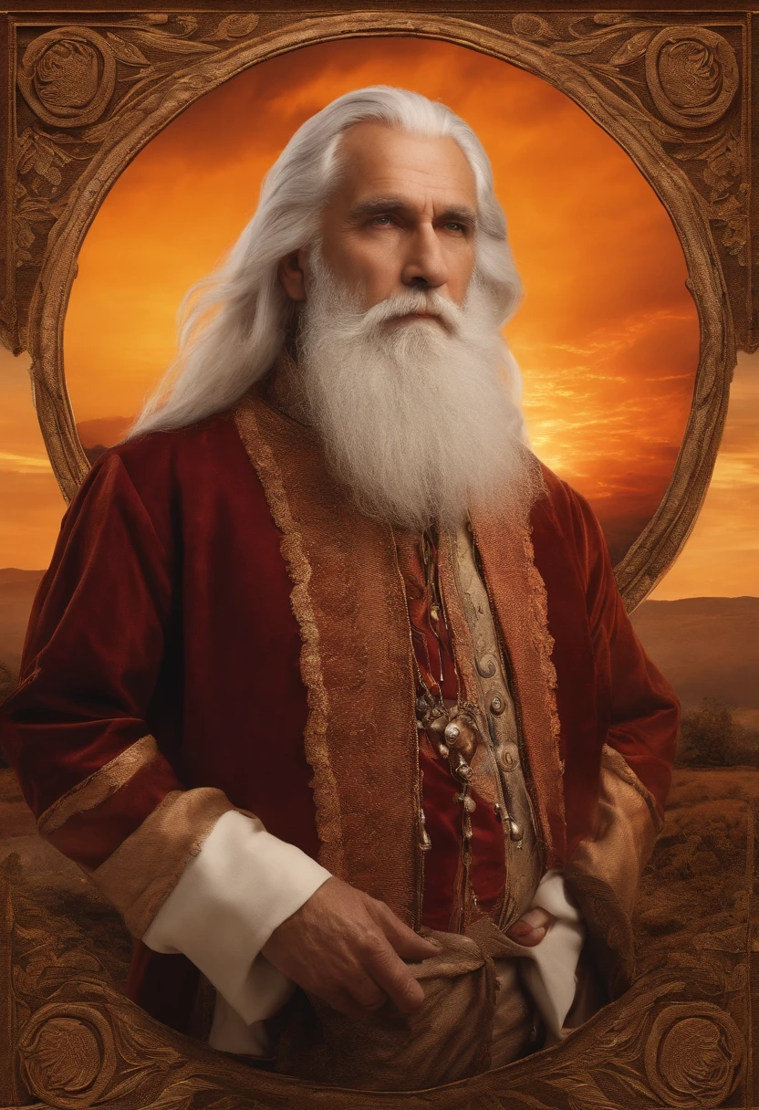 Create a wise man with an old man's appearance with a beard and long white hair, Antique garments looking at orange sky image in 4k