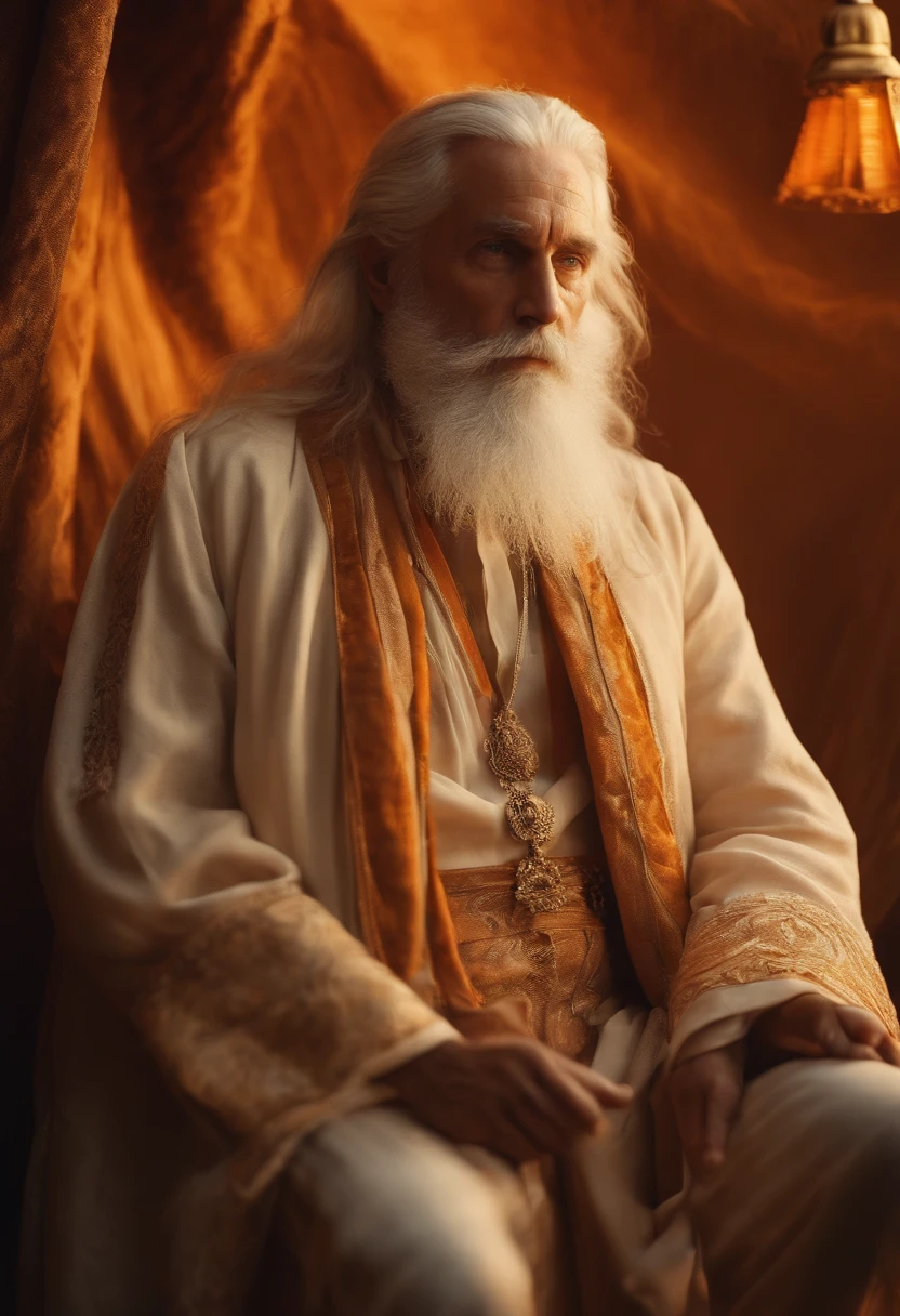 Create a wise man with an old man's appearance with a beard and long white hair, Antique garments looking at orange sky image in 4k