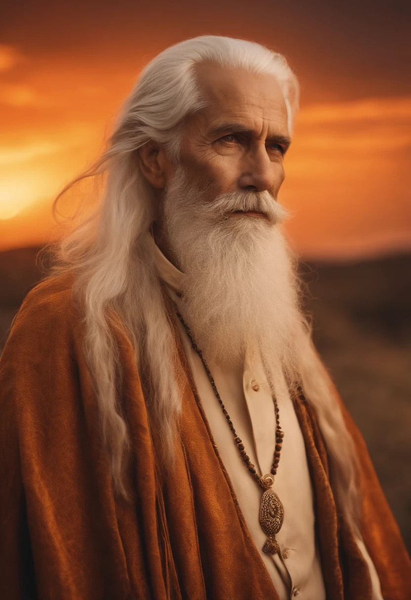 Create a wise man with an old man's appearance with a beard and long white hair, Antique garments looking at orange sky image in 4k