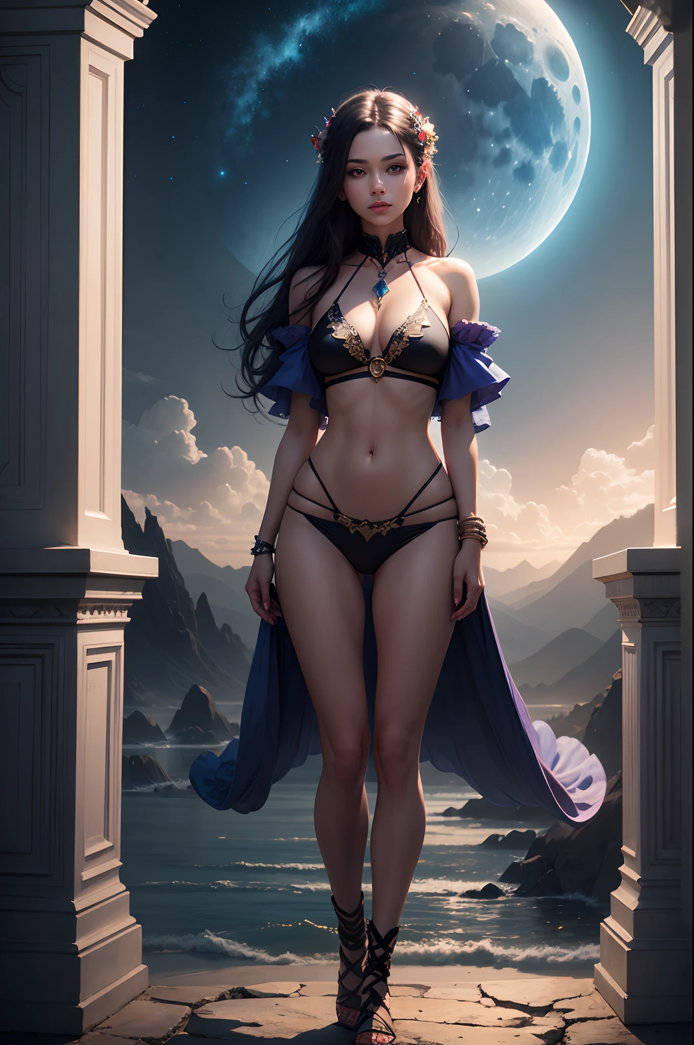 An exquisite fusion of art styles, showcasing a girl in a bikini crafted from gemstones, standing atop a mystical moonlit altar, surrounded by an ethereal, dreamlike landscape that blurs the lines between reality and fantasy.