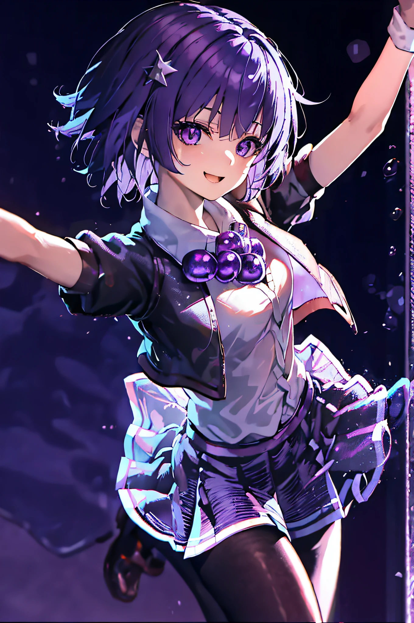 (masutepiece:1.3), (Best Quality:1.3), High resolution, Couboy Shot, I'm on the street with my arms outstretched and a big smile on my face、Spread your arms、Hair color is purple、Eight-headed body、Short hair、bobhair、Blue Mesh、Clear、Iridescent Sea、huge smile、 Eyes are purple, Miraculous Eye、Beautiful detailed eyes, ultradetailed eyes、Glitter eyes,Make your utmost effort to the sparkle in your eyes、, (One Cute Girl:1.3), , Hair over one eye, Small breasts Wearing a rainbow-colored aura from the whole body、purpleish color, Purple background, Shadow lighting、perfectbody、perfect hand、5 fingers、5 Finger Master Parts, YouTuber Virtual, skirt by the, tie, Suit jacket, Purple eyes, pleatedskirt, hair pin, Cardigan, 校服, Knee thigh, white hair, Black jacket, The shirt, Collar shirt, Open jacket, fringe, plaid skirts, a miniskirt, Tachi-e, white shirt, shortsleeves, Gray skirt,