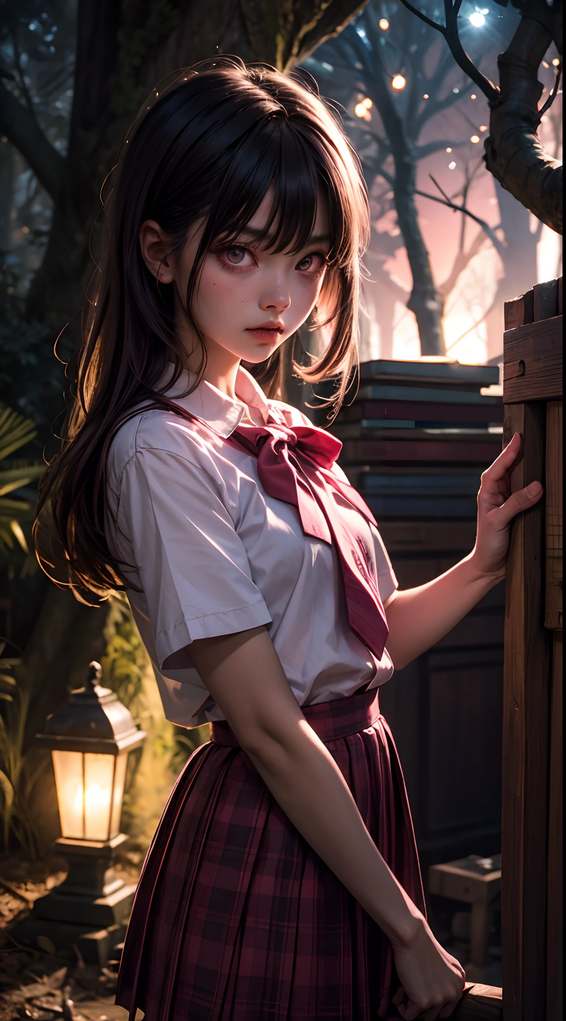 creepy momo girl, pink school uniform, pink color-theme, lost in dark wood, at night, haunting, glowing eyes, Extremely detailed eyes