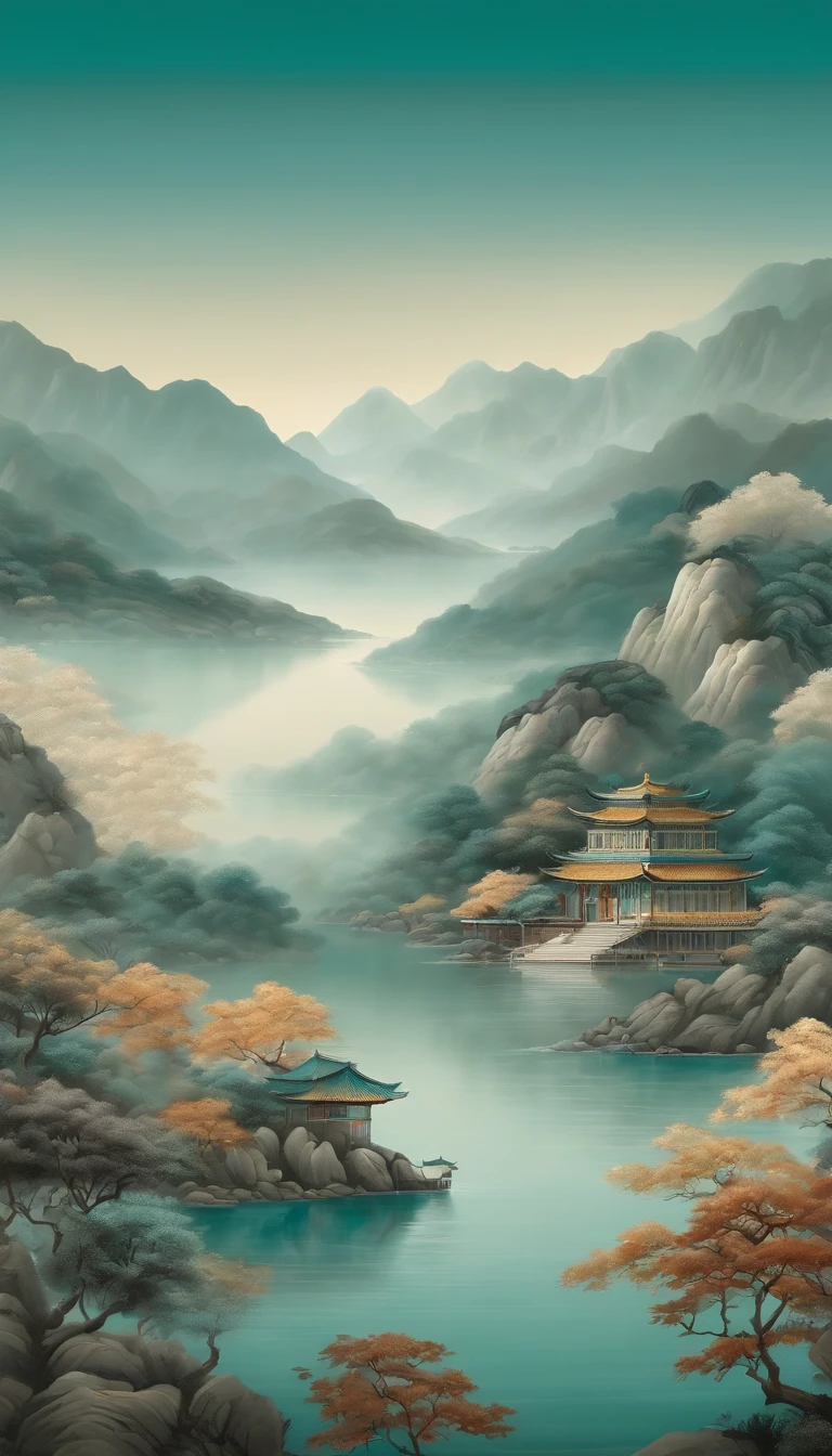 An idyllic Chinese mural, Teal and light grey style, Layered landscape, japanese style art, monumental murals, Ricoh FF-9D, Golden Age aesthetics, Exotic landscape