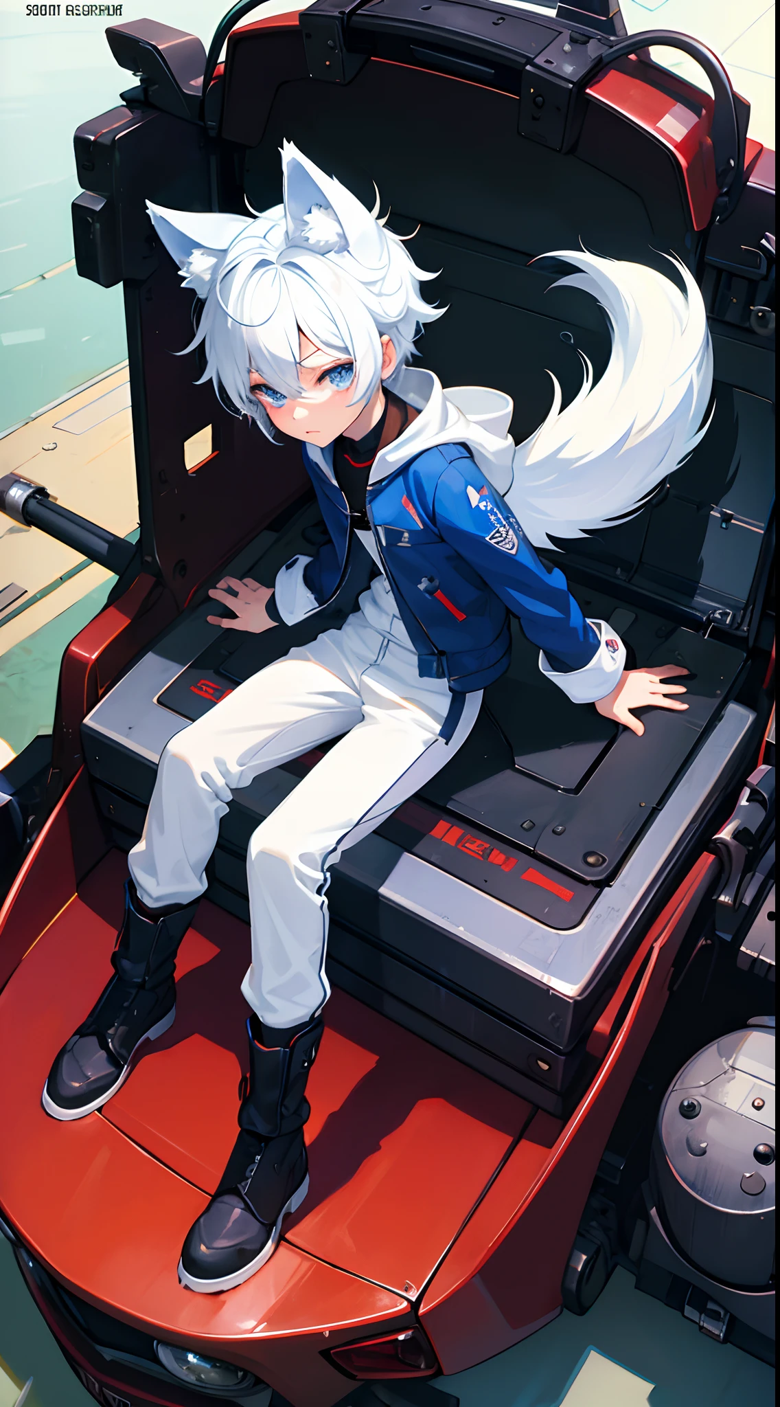 Game CG,8K quality,((younge boy)),Sense of childhood,Anime male protagonist,Wolf ears,Beast tail,Pain and despair,Diamond-like sparkling eyes,Locomotive goggles,Pisif,White and blue racing jumpsuit,White fingerless gloves,Racing boots,Full body like,Spread your legs,Defeat,corrupted,Sit down on the ground,Inside the cockpit