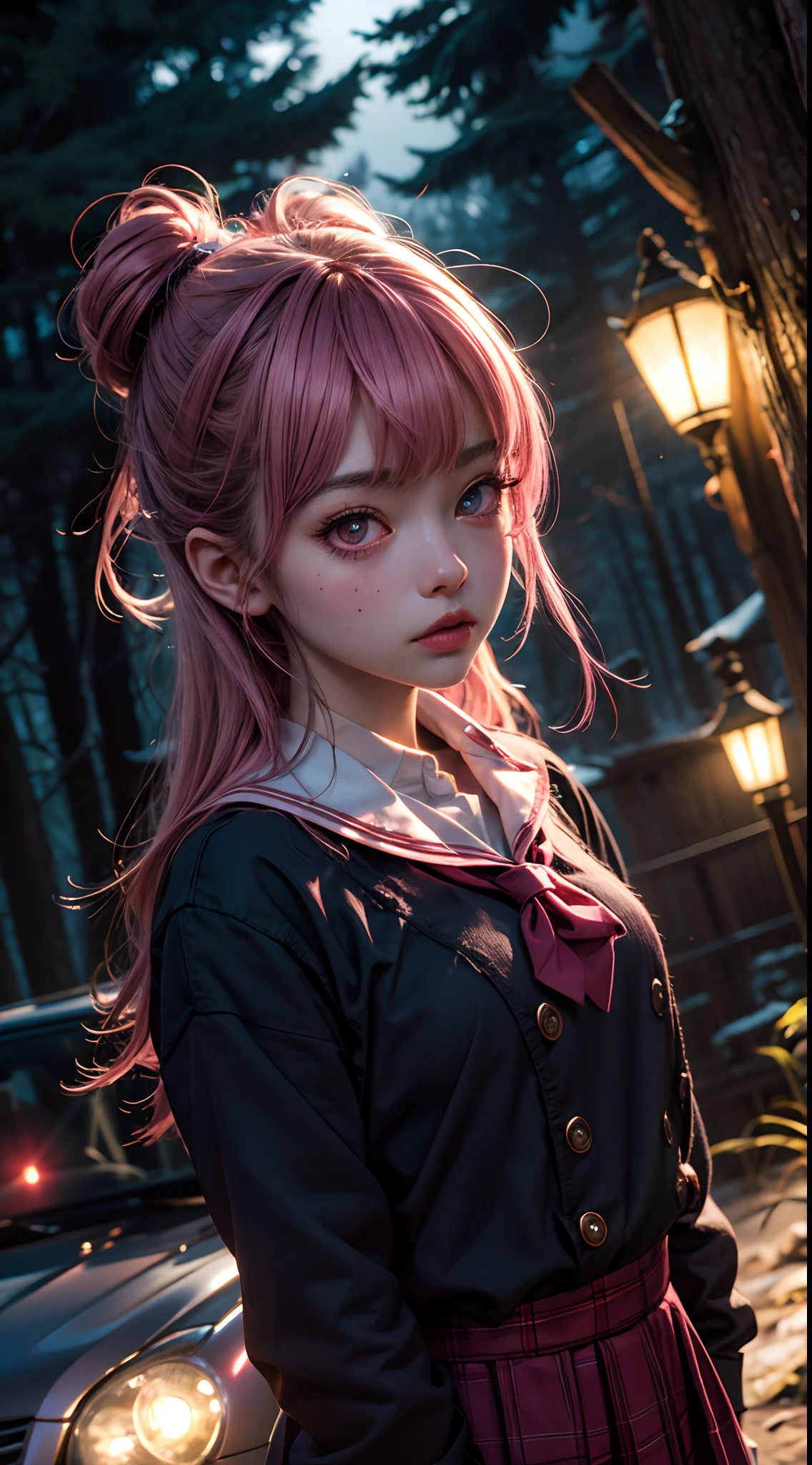 kawaii momo girl, school uniform, pink color-theme, lost in dark wood, at night, surrounded by glowing eyes, creepy