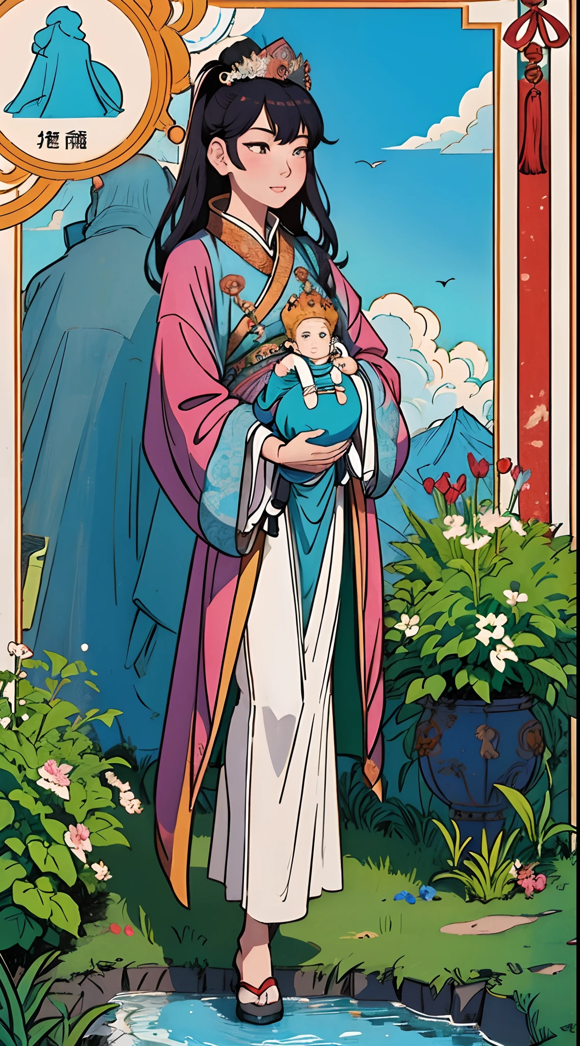 The beautiful 16-year-old Chinese queen holds a (baby prince:1.5) wearing shavings in her arms, Walking, Straight eyes, radiating a brilliant aura, Rosary handle, Crown Team, (Systemic: 2.0), Stand in the cloud, our lady, (full body: 2.0)