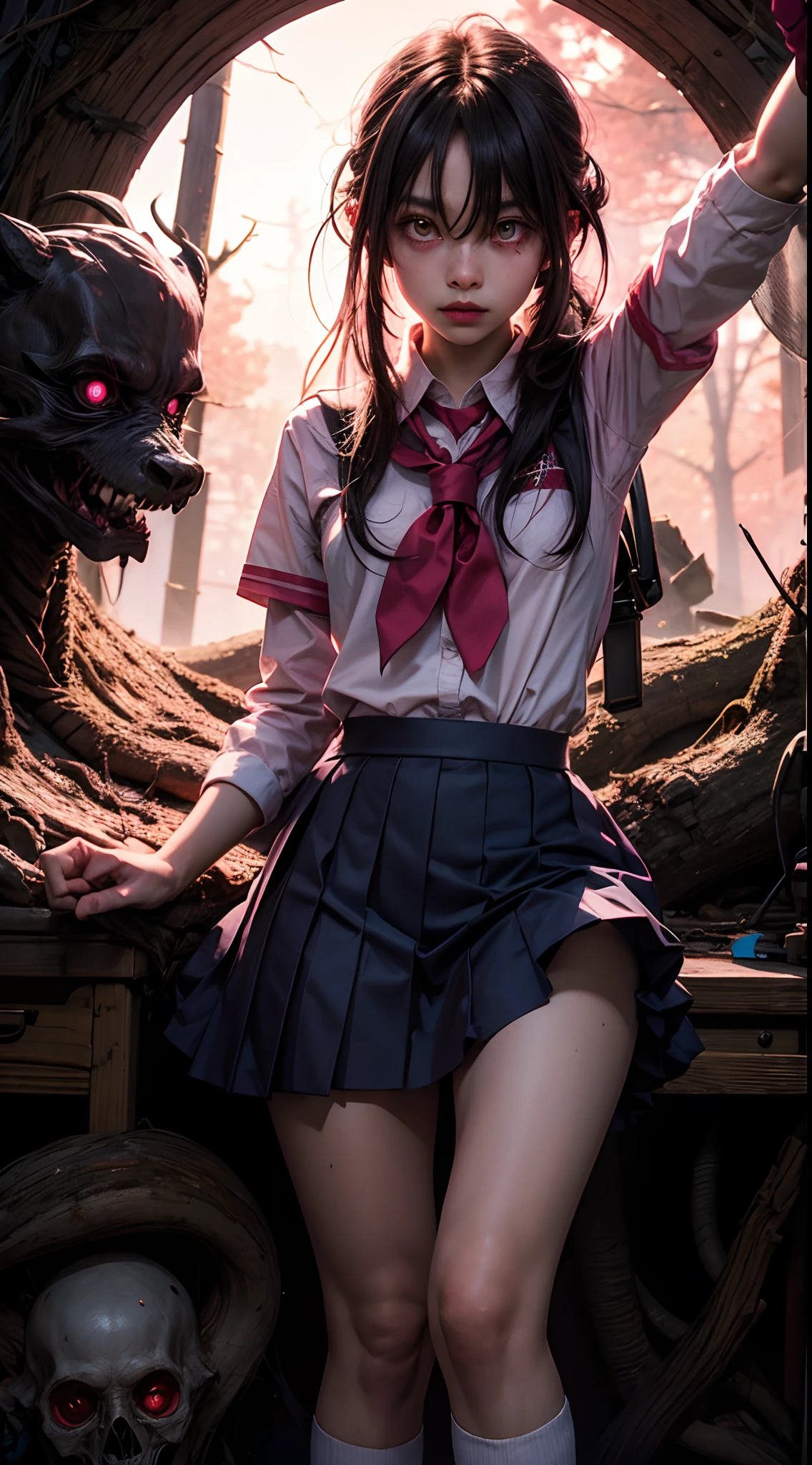 creepy momo girl, pink school uniform, pink color-theme, lost in dark wood, at night, glowing eyes