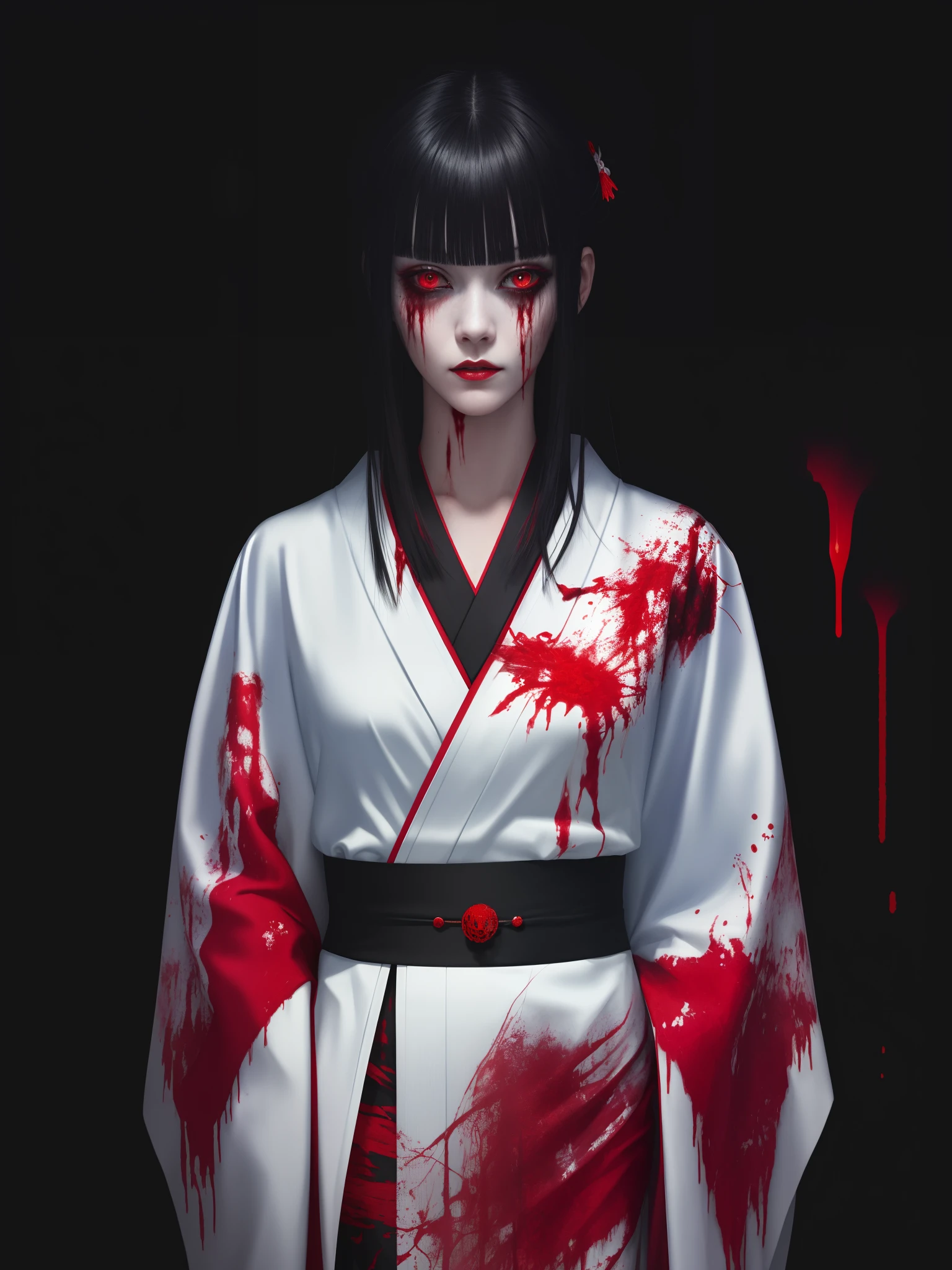 (masterpiece, best quality:1.2), cover image, splashed color background, highly detailed, colorful black, 1 girl, long silver hair, red eyes, short hair, blunt bangs, mannequin, cool face, (((white Kimono))), illustration, horror art, dread, creepy, blood, blood eyes, gore