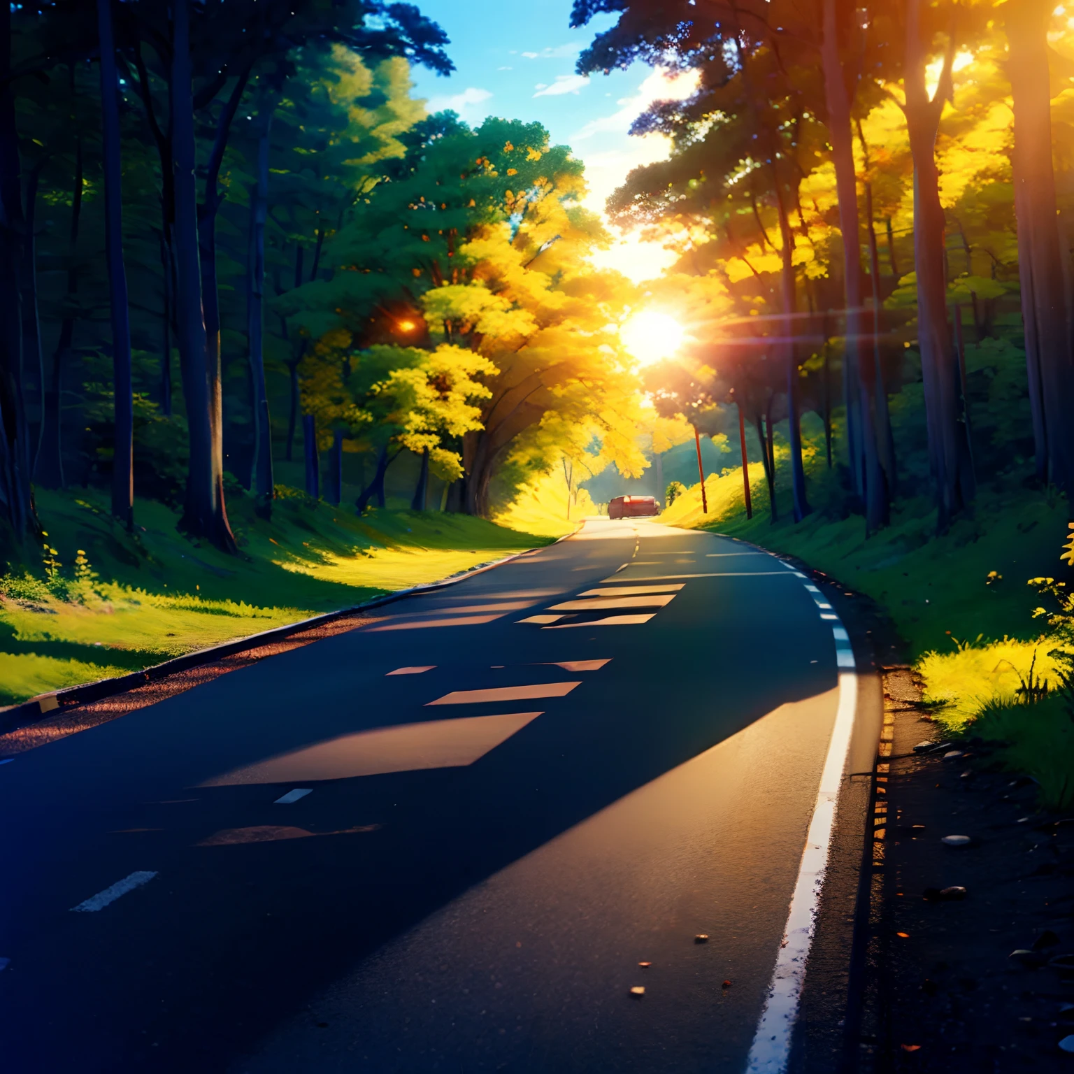Tree's,sun light,road,