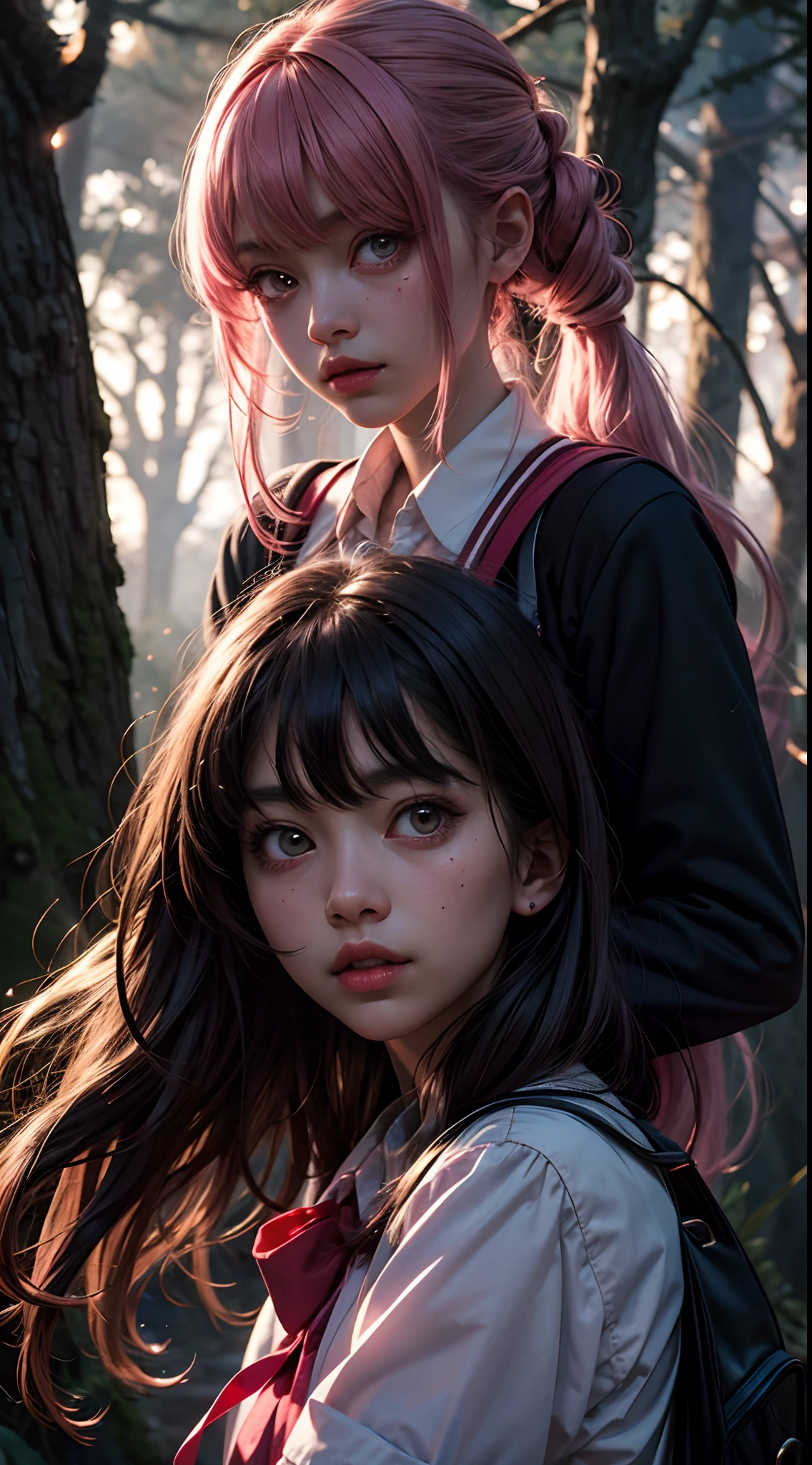 creepy momo girl, pink school uniform, pink color-theme, lost in dark wood, at night, glowing eyes, Extremely detailed eyes