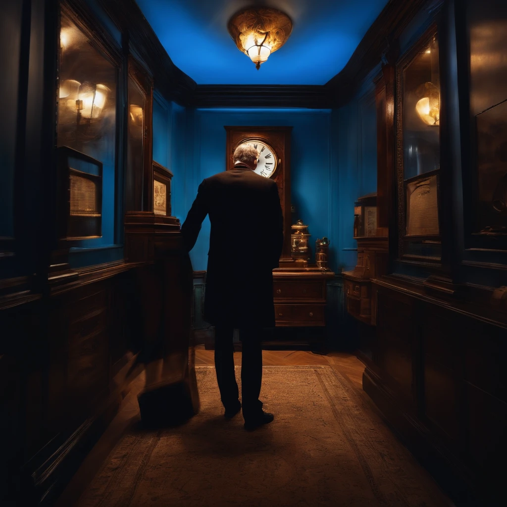homem desesperado, atrasado, Looking at the clock, realista, blue lighting