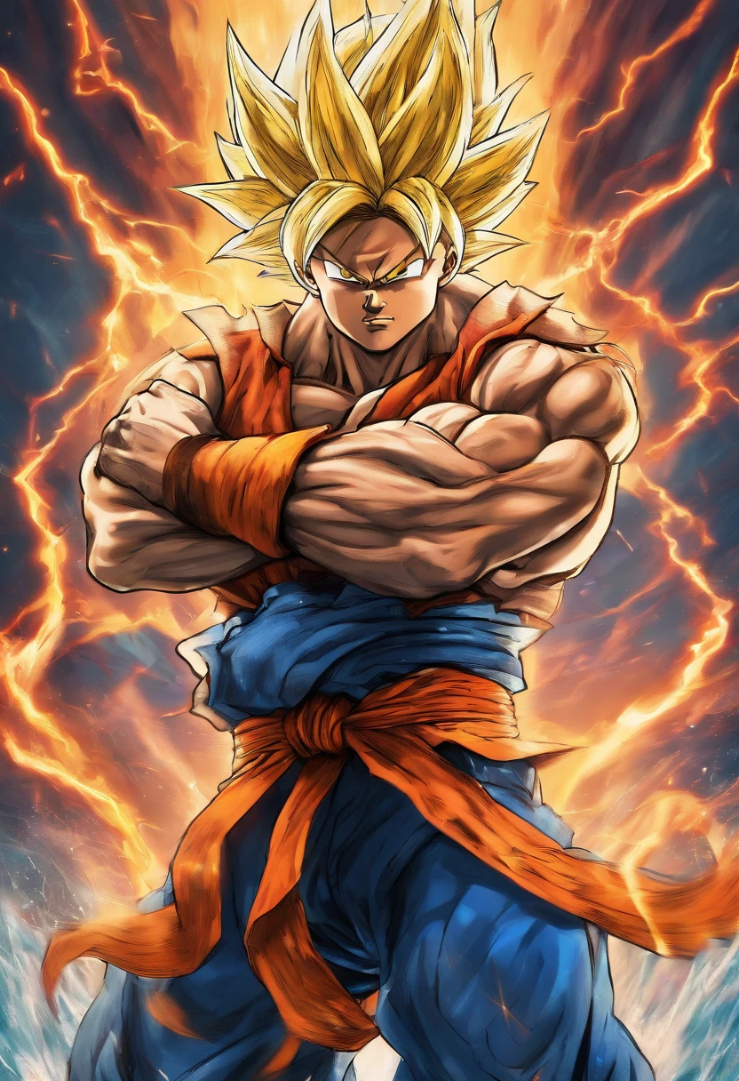 realistic 3d rendering of goku super saiyan xxxtentacion face fused aquaman, surrounded by lightning, big muscular, full body photography, hyperrealistic