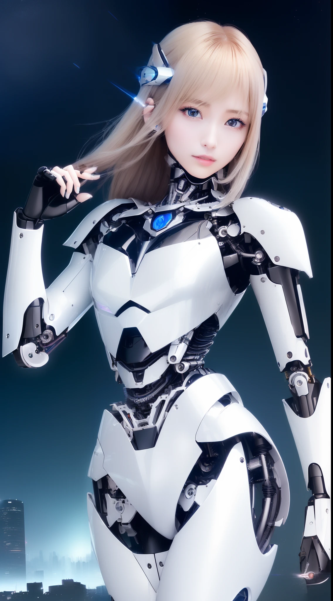 ((masutepiece)), ((top-quality), high quarity、ultra-definition, (Realistic),  ((well proportioned face))、fulcolor 、(scientific fiction)、(独奏)、Beautiful robot woman、Combat robots、(Perfect robot joint)、((Perfect computer parts))、(Electronic substrate)、(machine components)、White porcelain mechanical armor、(Oval curvaceous face)、(almond shape eyes)、thin mouth、deadpan、((Perfect mechanical two-handed))、(Outside the city)、Perfect robot legs