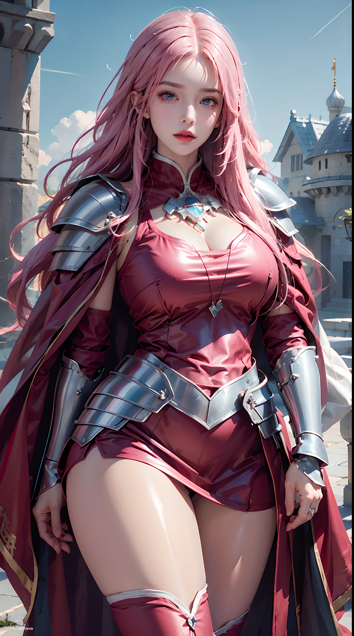 photorealistic, high resolution, 1women, shining skin, solo, hips up, tattoo, jewelry, pink lips, long pink hair, blue eyes, closed mouth, castle, full armor, red armor, cloak,