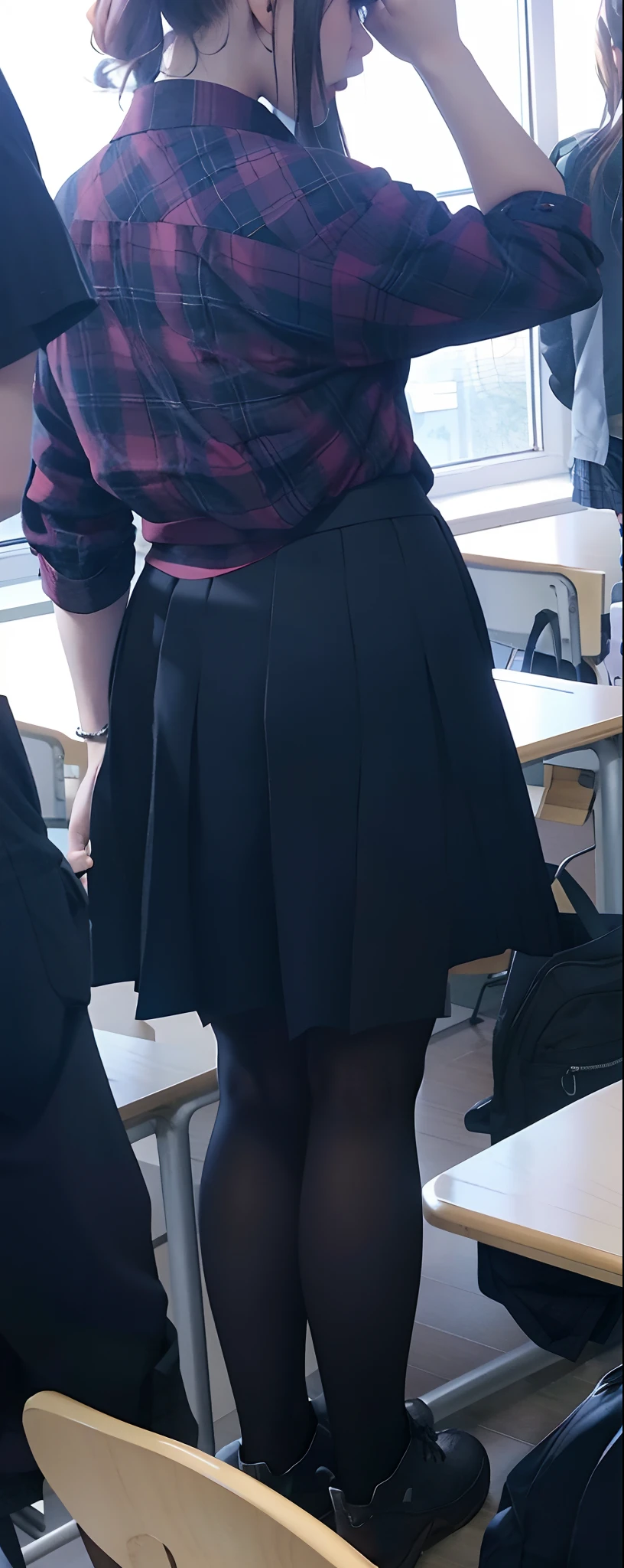 A woman in a skirt and a plaid shirt is standing in the classroom, wearing skirt, wearing skirt, black skirt, standing in class, Dressed in fluent clothes, high-waisted black skirt, wearing skirt and high socks, Knees tightened, tall female emo art student, in class, short black skirt, in the school classroom