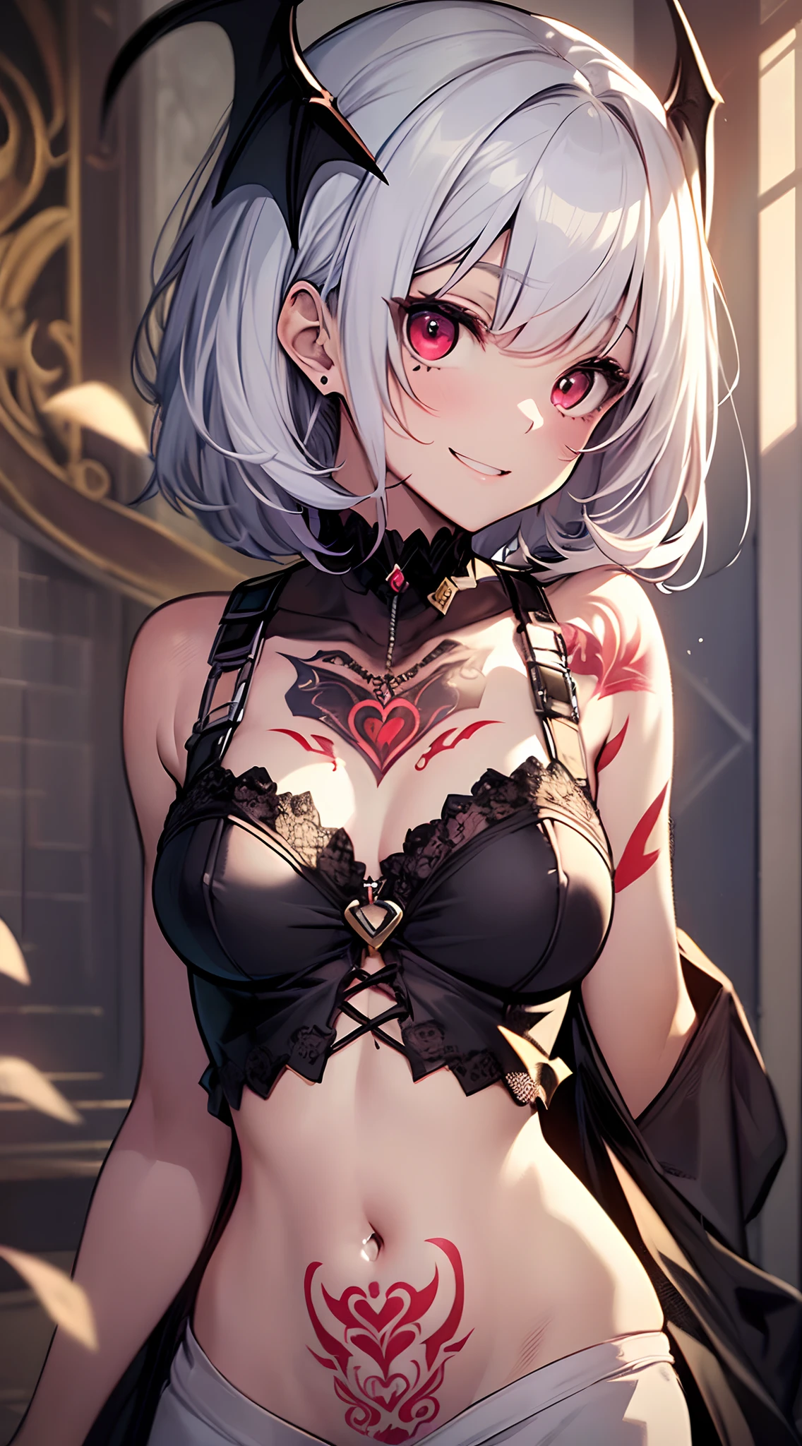 top-quality、Top image quality、in 8K,4K,masterpiece、(NSFW:1.1)、ultra-detailliert、Beautiful、ultra-quality、adult-like、Cool、girl with(((18year old、Vampire:1.3、Vampires、Bust 78、silber hair、a short bob、Red Eyes、erotick:1.4、Happiness、The tattoo)))、hiquality、visualart、Background with((Country Town 1.3))、masutepiece