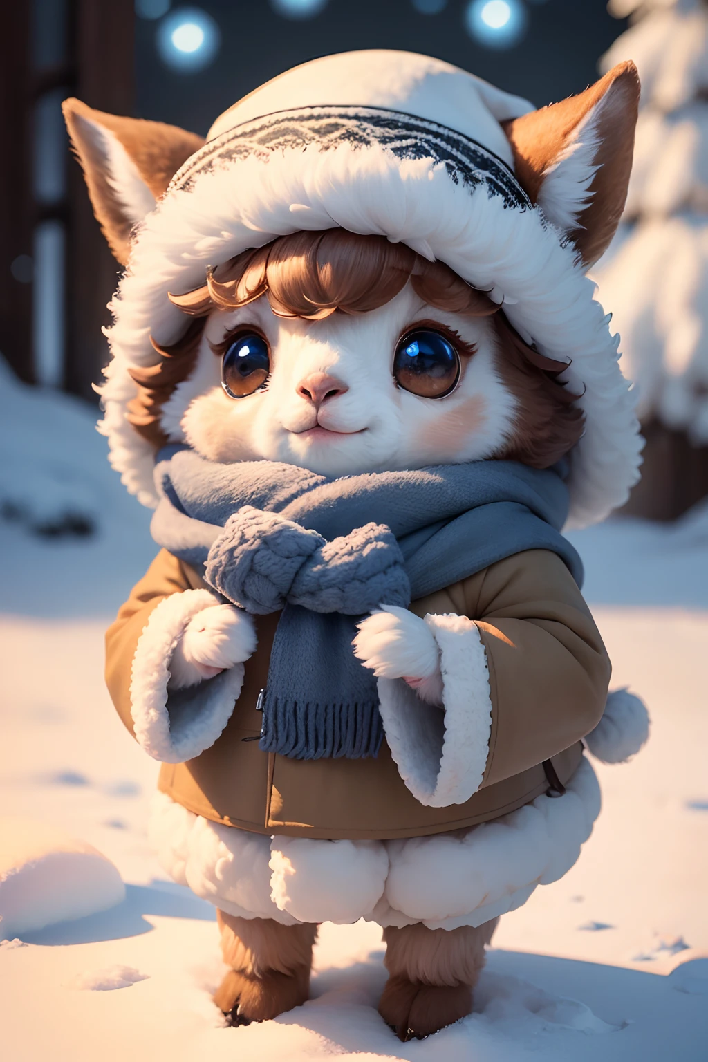 (best quality,highres,masterpiece:1.2),ultra-detailed,claymation,closeup,tiny cute alpaca,coat,scarf and hat,standing in the snow,fluffy fur,sparkling eyes,soft lighting