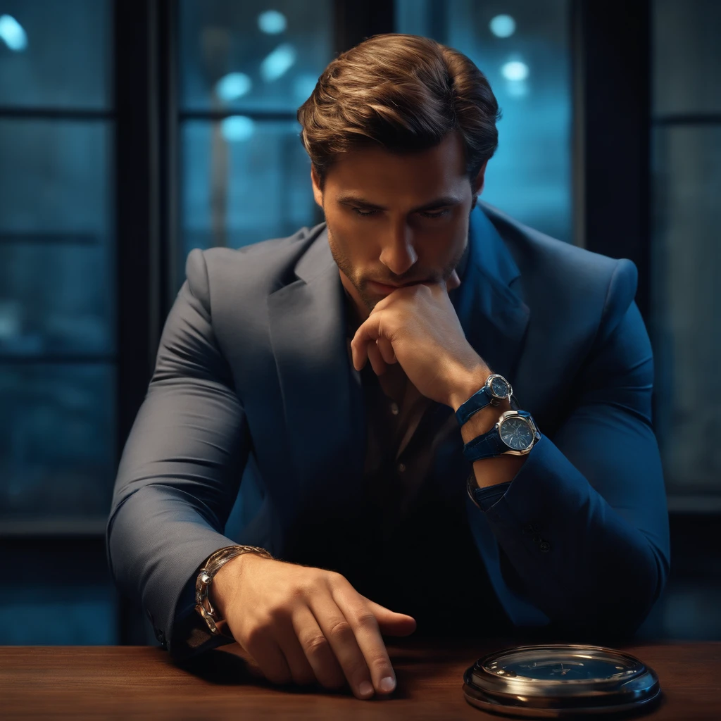 (desperate man,late,looking at the watch,realistic,blue lighting,high-res)