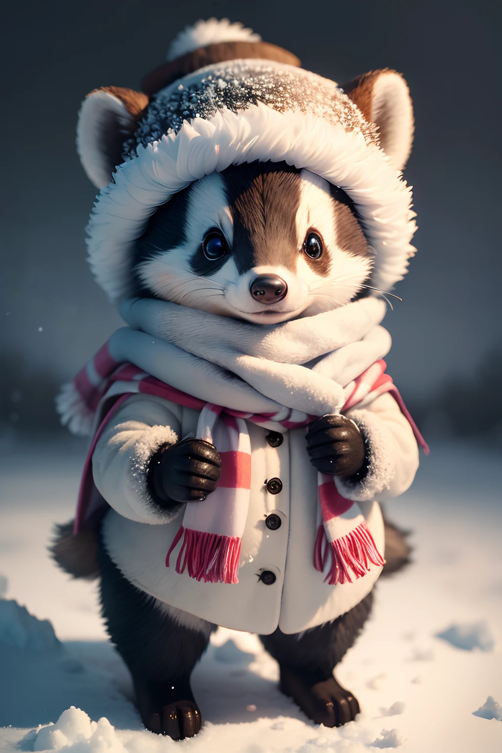 (best quality,highres,masterpiece:1.2),ultra-detailed,claymation,closeup,tiny cute badger,coat,scarf and hat,standing in the snow,fluffy fur,sparkling eyes,soft lighting