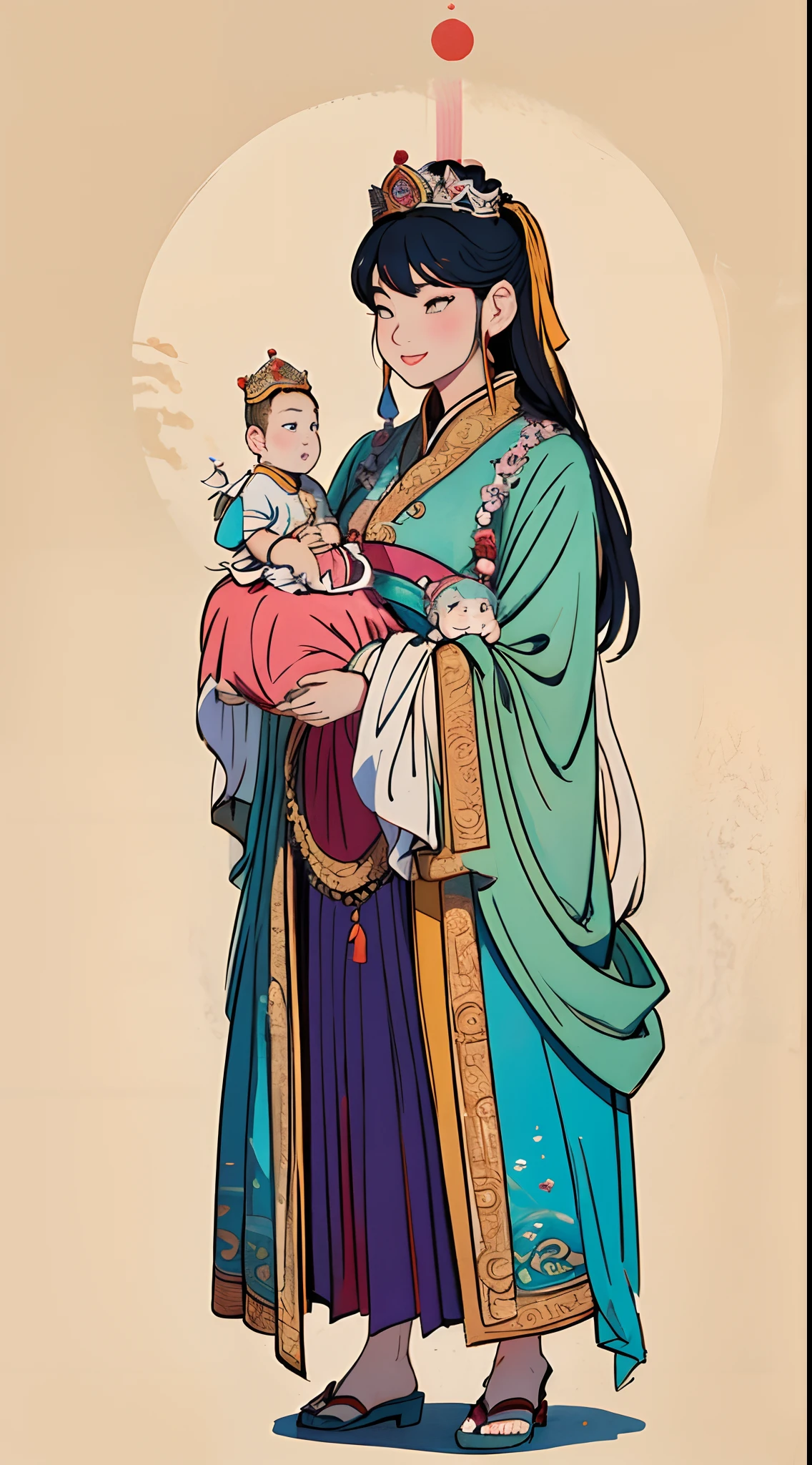 The beautiful 16-year-old Chinese queen holds a (baby prince:1.5) wearing shavings in her arms, Walking, Straight eyes, radiating a brilliant aura, Rosary handle, Crown Team, (Systemic: 2.0), Stand in the cloud, our lady, (full body: 2.0)