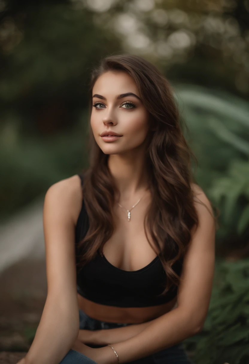 arafed woman with a white tank top and a necklace, sexy girl with green eyes, portrait sophie mudd, brown hair and large eyes, selfie of a young woman, bedroom eyes, violet myers, without makeup, natural makeup, looking directly at the camera, face with artgram, subtle makeup, stunning full body shot, piercing green eyes, beautiful angle, attractive pose, cute girl, sexy pose, full body picture, full body, full body shoot, brunette goddess, high detail, satisfied pose, leather pants