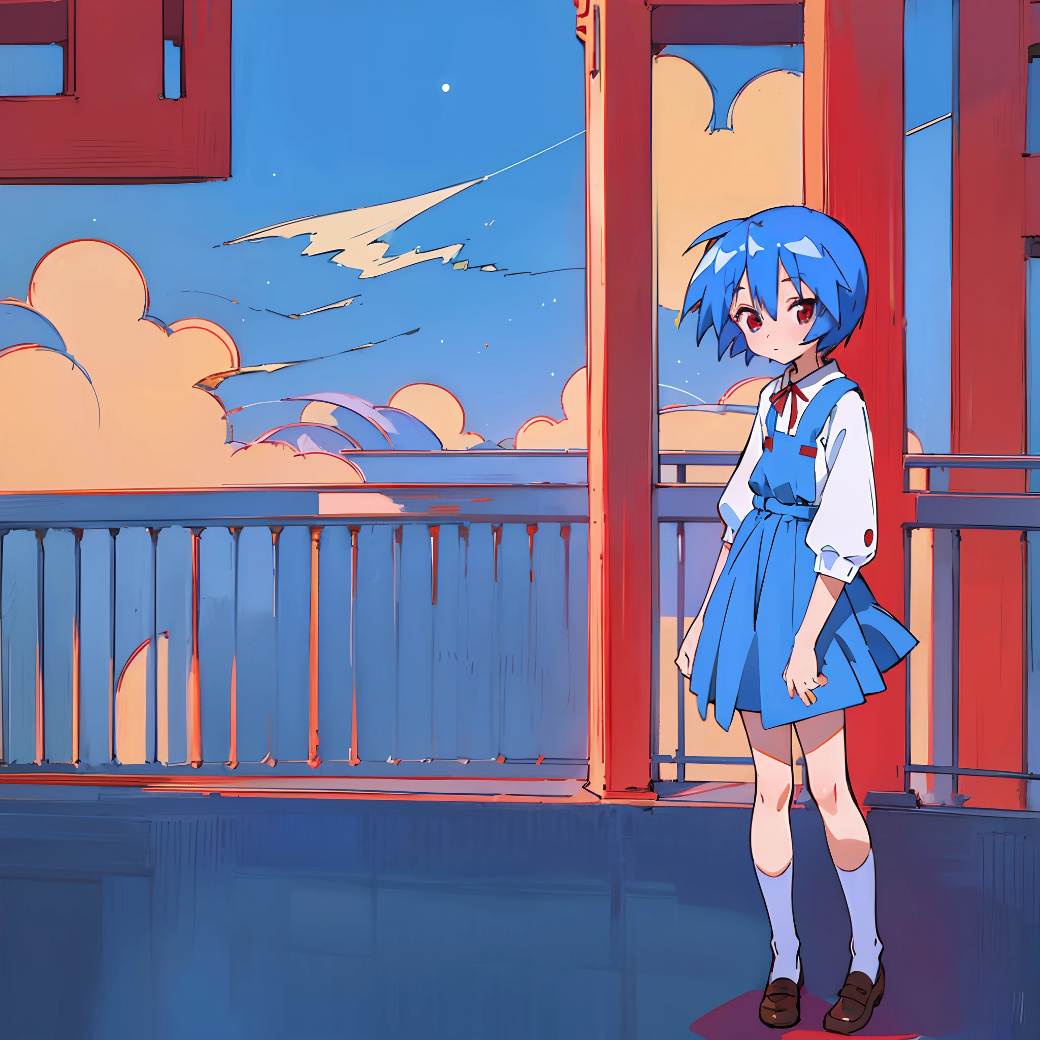 1girl, solo, rei ayanami, blue hair, short hair, (red eyes:1.5), blue dress, dress, neck ribbon, pinafore dress, red ribbon, ribbon, school uniform, short sleeves, short-sleeved sweater, sweater, standing, hands on hips, looking at viewer, lucky star, balcony, night sky, vibrant colors