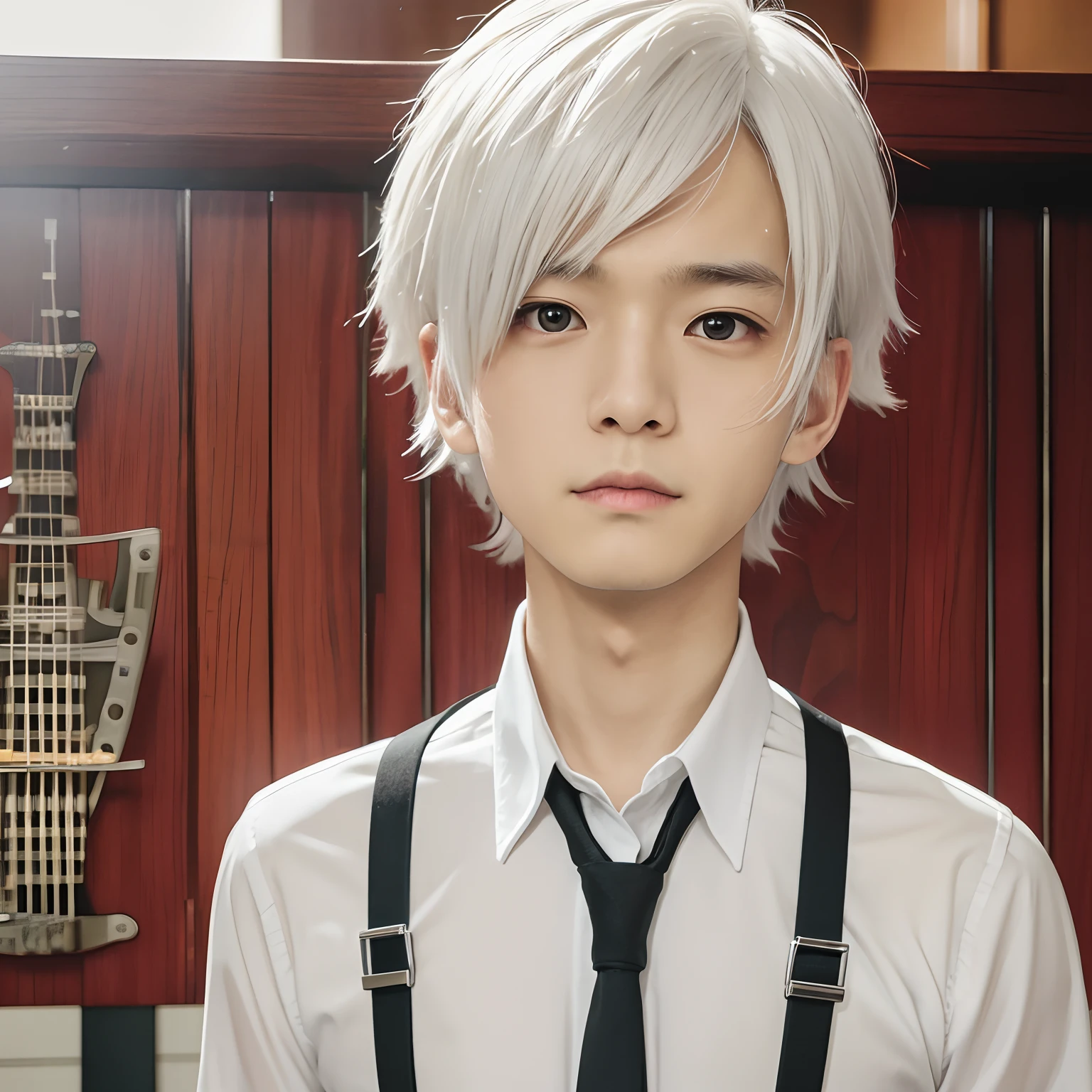 top-quality, 8K, ultra-detailliert, Atsushi Nakajima, One Man, White hair, suspenders, Black tie, sixteen years old