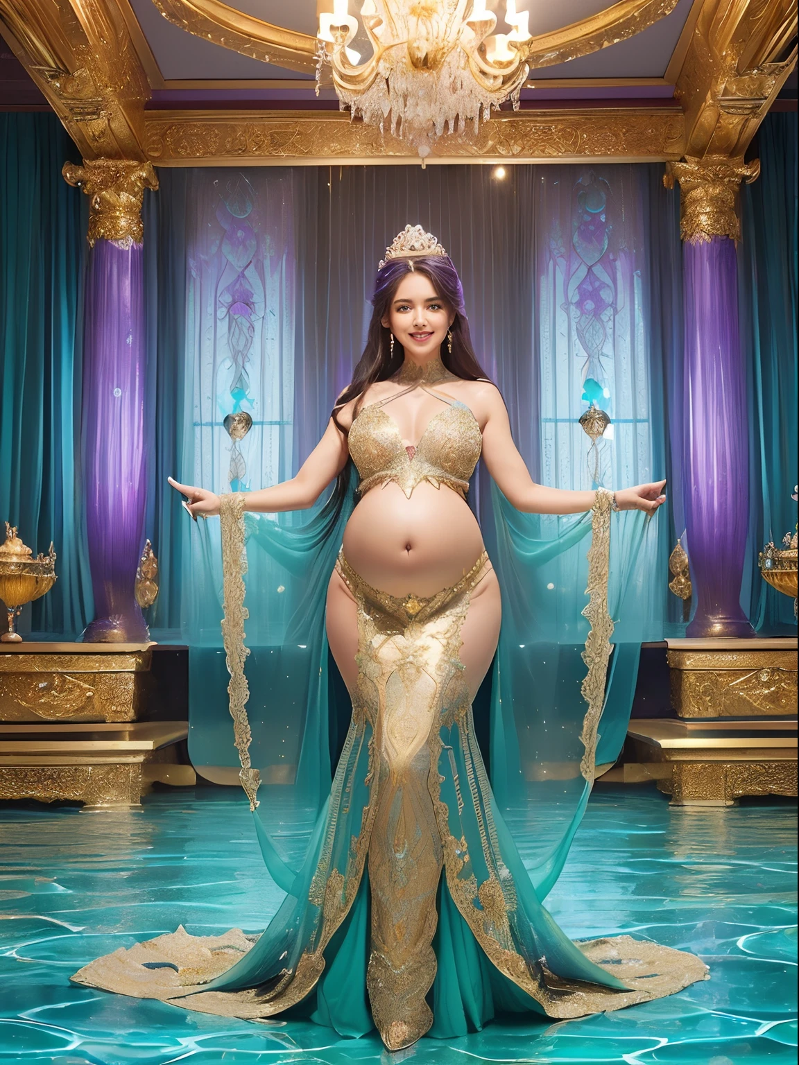 ((Photorealistic pregnant mermaid princess,Mermaid tail,Her whole body,)),(((,Under the sea,under the water,crystal chandeliers,Gorgeous curtains,Decoration on curtains,Beautiful gradient of purple, light blue and emerald green,Underwater Temple,Gorgeous rooms in the temple,Water-filled room,Underwater room,In the water,Fish swimming outside the window,Large Western-style windows with luxurious décor,Artistic gilded decoration of windows,A space based on emerald blue and blue, number々Ornaments of,Luxurious temple pillars,Light blue and purple,Rooms with golden décor,Sitting on a gorgeous royal bed,Artistic decorative bed,A bed full of jewels,A room full of jewels,Bed with golden décor,Bejeweled room)))(White teeth,Perfect gas chamber,A big smile staring at the camera,Mermaid tail,japanes,straight haired),((with an intricate, Finely shining scales,Full Body Jewelry Decoration,The most gorgeous decoration,Intricate jewels all over her body,de pele branca,fair glowing skin,Detailed her face)),((Fine golden shine,shining background,Crisp and detailed background,The whole room is richly decorated,Everything is a fantastic and glittering background,Everything in the background is amazing and gorgeous))The most beautiful faces in Japan,Very fine detail,The Most Gorgeous Princess Costume,Glowing scales,Very finely drawn scales,Giant Tiara,The most realistic and complex backgrounds,Top image quality,8K,SLR Camera Photography