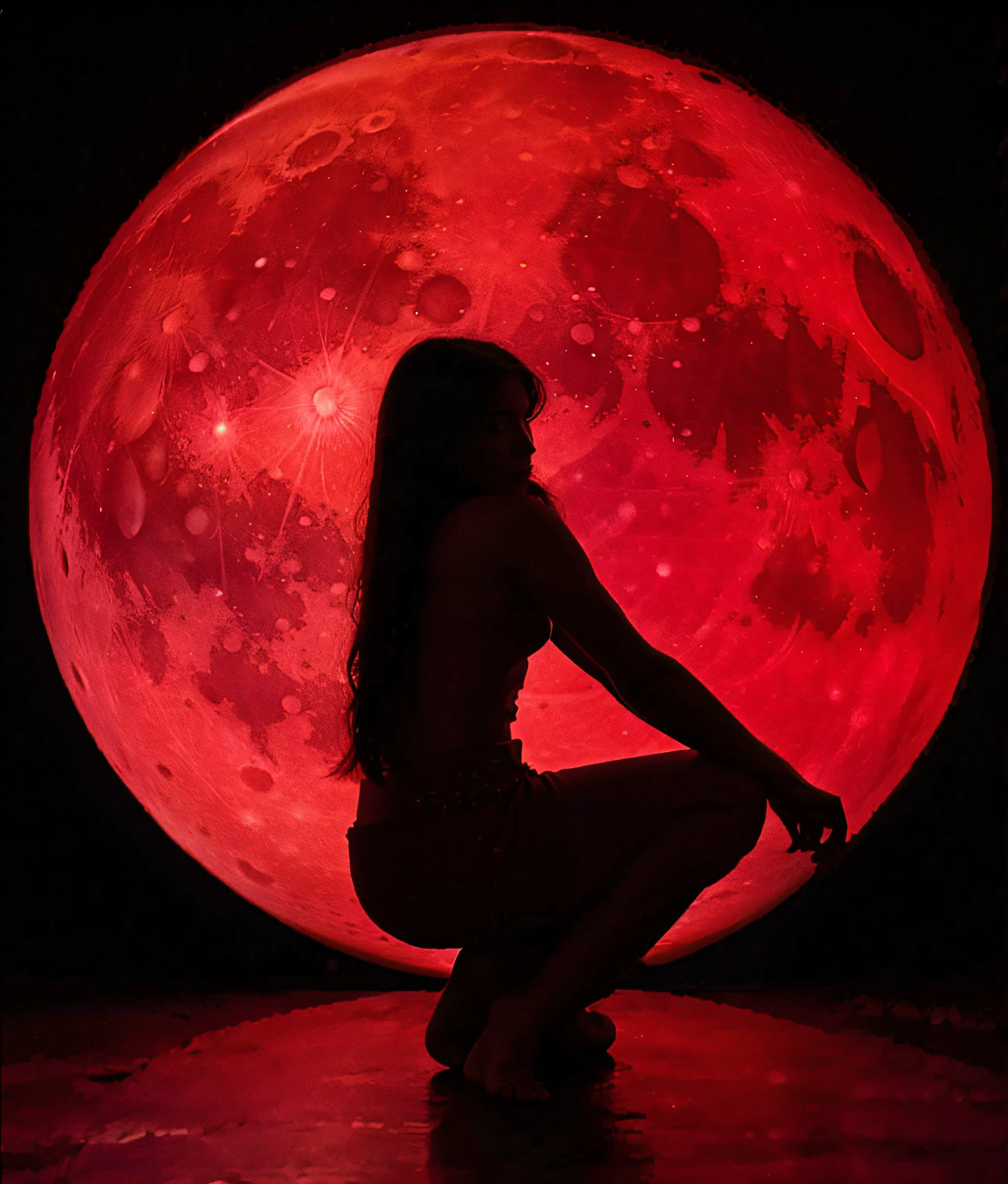 The woman, Sitting in front of the red moon, Full Red Moon, Red Moon, Huge red moon, Full Blood Moon, Full Blood Moon, During the Blood Moon, Blood Red Moon, ✨🕌🌙, Blood Moon, Epic red - orange moonlight, In Praise of the Blood Moon, Detailed Crimson Moon, red glow