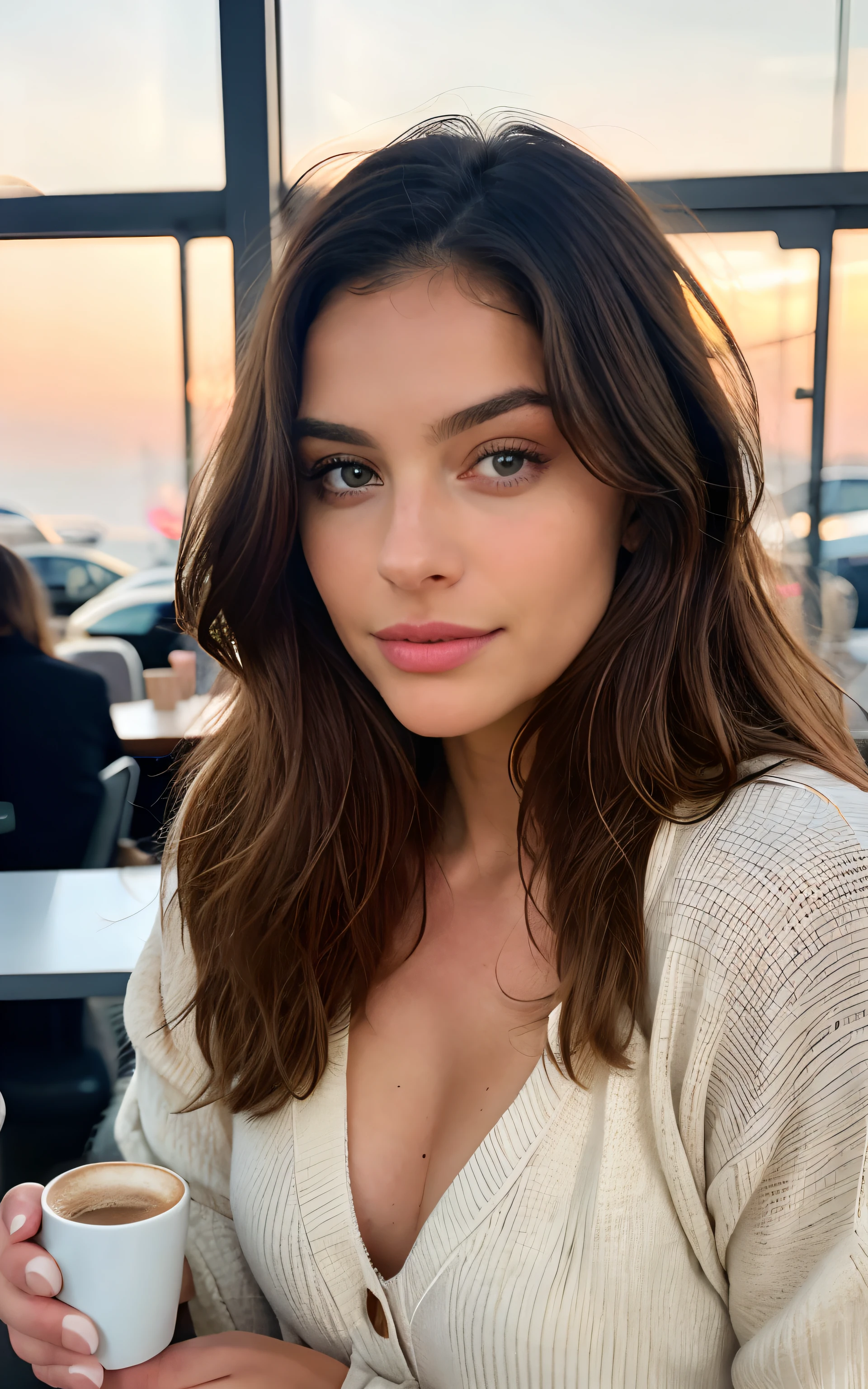 Belle brune portant un pull beige (Holding a cup of coffee in a modern café at sunset), Very detailed, 21 ans, visage innocent, natural wavy hair, yeux bleus, High resolution, Masterpiece, Best quality, Intricate details, highly detailed, mise au point nette, detailed skin, realistic skin texture, texture, detailled eyes, professionnel, 4K, sourire charmant, filmed in Canon, 85 mm, faible profondeur de champ, Couleur Kodak Vision, perfect fit body, Extremely detailed, photographier_\(ultra\), photoreallistic, Realstic, Post-traitement, Maximum details, roughness, real life, ultra realist, photorealism, photographie, 8K UHD, photographie
