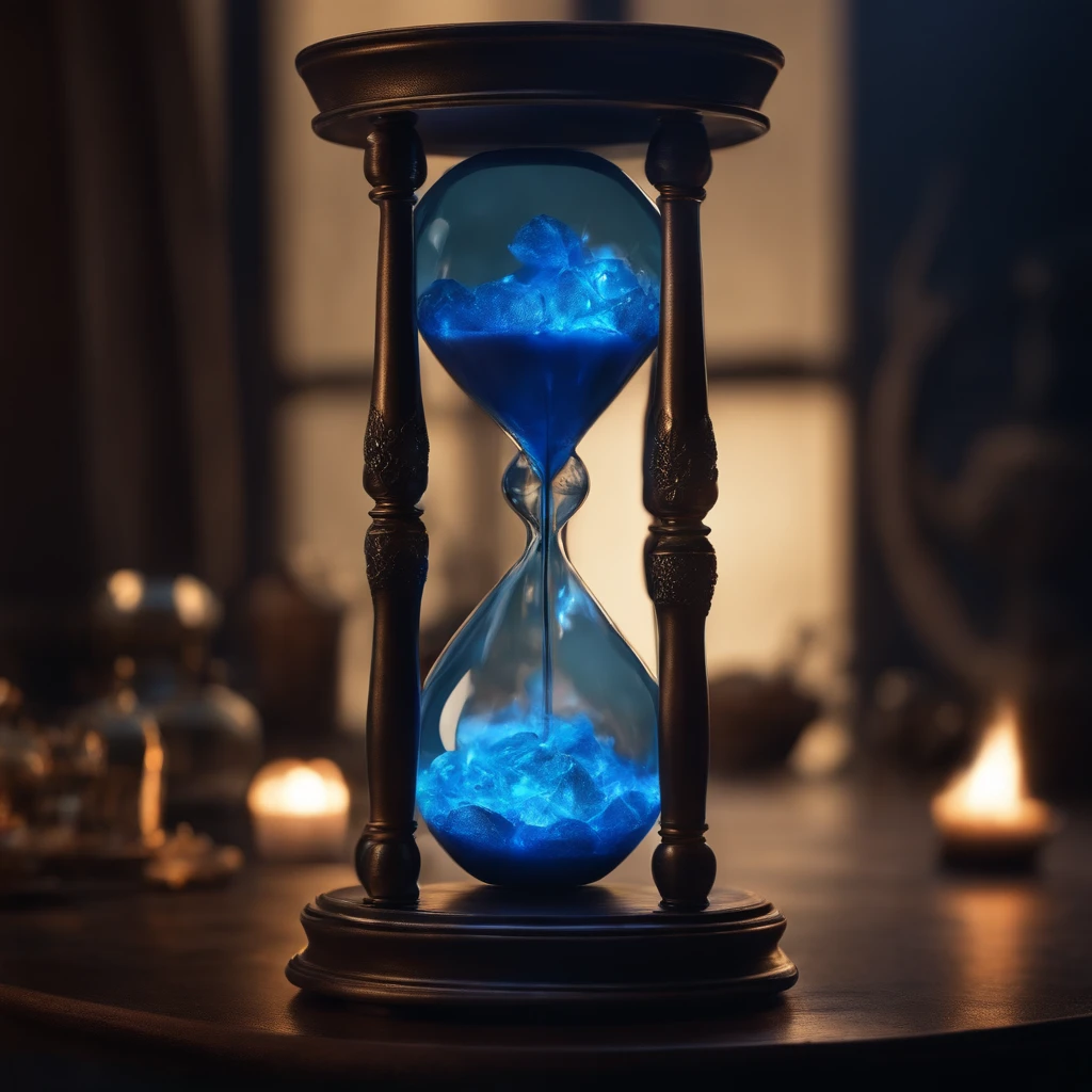 hourglass catching blue fire with blue lighting