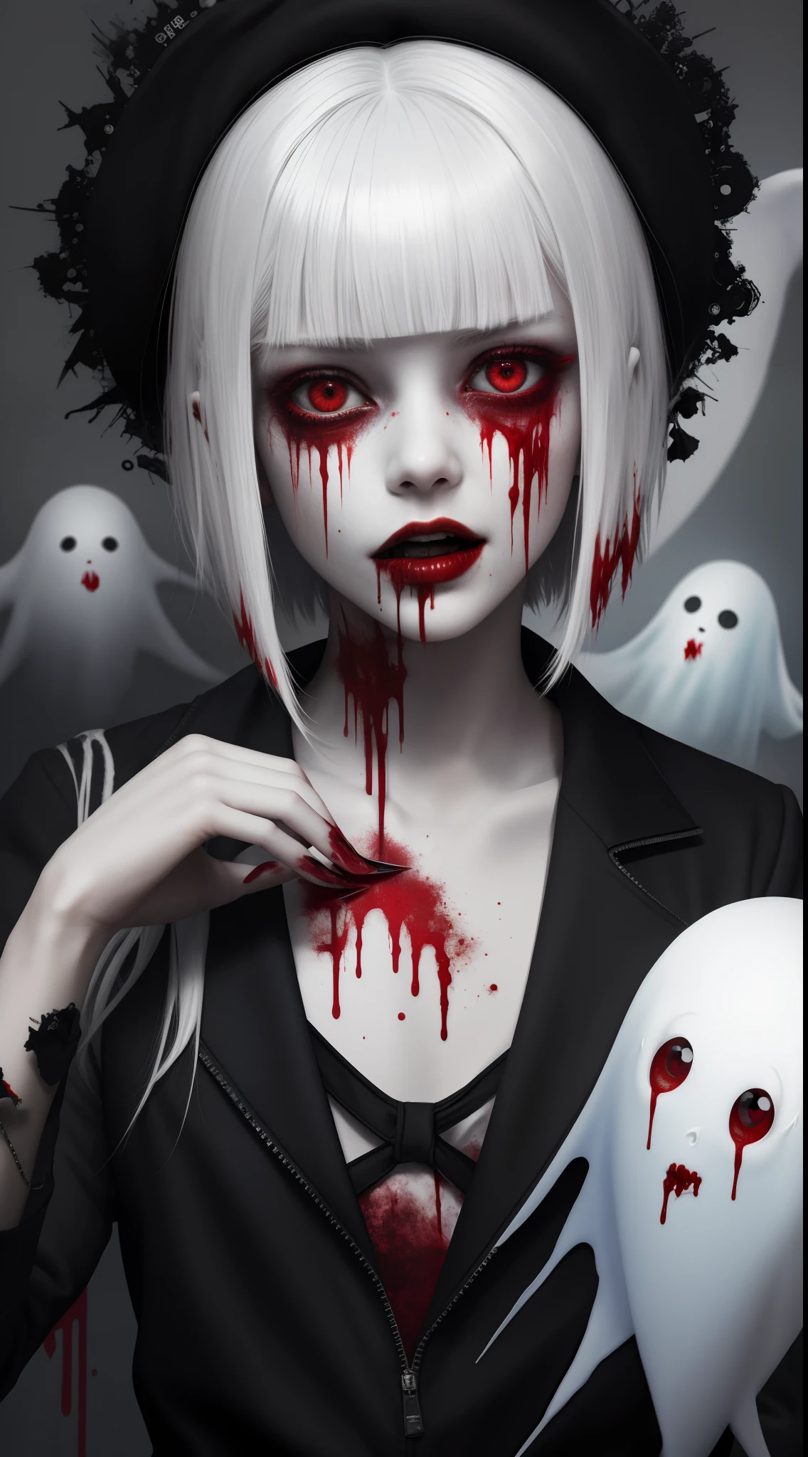 (masterpiece, best quality:1.2), cover image, splashed color background, highly detailed, colorful black, 1 girl, long silver hair, red eyes, blood on eye, head in the hand, short hair, blunt bangs, mannequin, cool face, ((( white sexy ghost))), illustration, horror art, dread, creepy, blood, blood eyes, gore, opened mouth, blood in mouth,