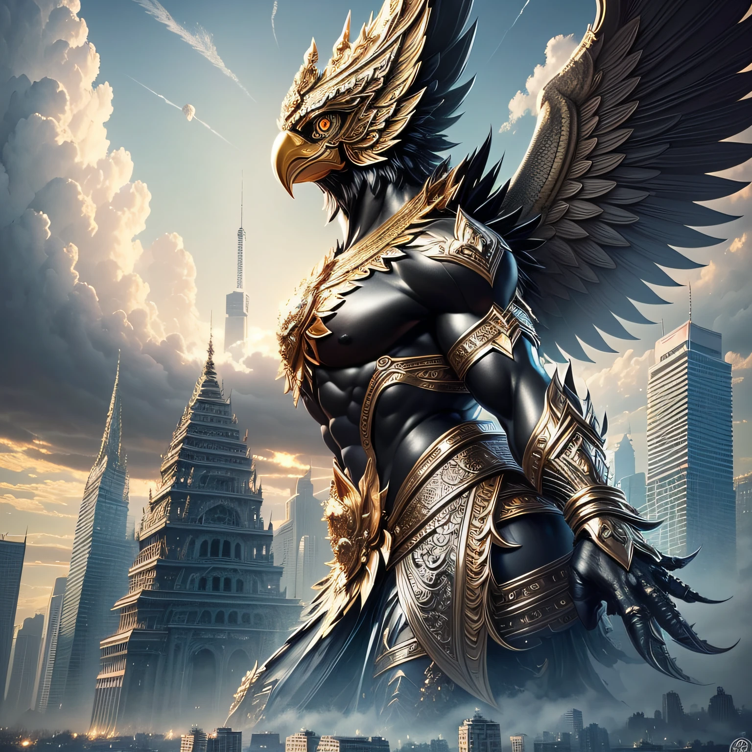 masterpiece,highly detail(Metalic Black,Reflect,:1.3)phayakrut king garuda{best quality},, super huge GARUDA solo, very detail, city,tower,building,highway, clouds and mist,
(extremely detail CG unity 8k wallpaper:1.1)(masterpiece),(best quality:1.1),realistic,style of master anime,perfect perspective,intricate detail