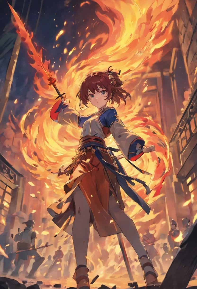 Best quality,masterpiece,ultra high res,(photorealistic:1.4),xiuxian,hyper-realistic fire effect,detailed face,
1girl,long sword,long hair,cleavage,high slit,(fiery aura:1.2),fire magic,beautiful girl,glowing eyes,full body,chinese architecture,heavy snow,combat,battlefield,blood-stained,heavy fighting in background,wuxia,