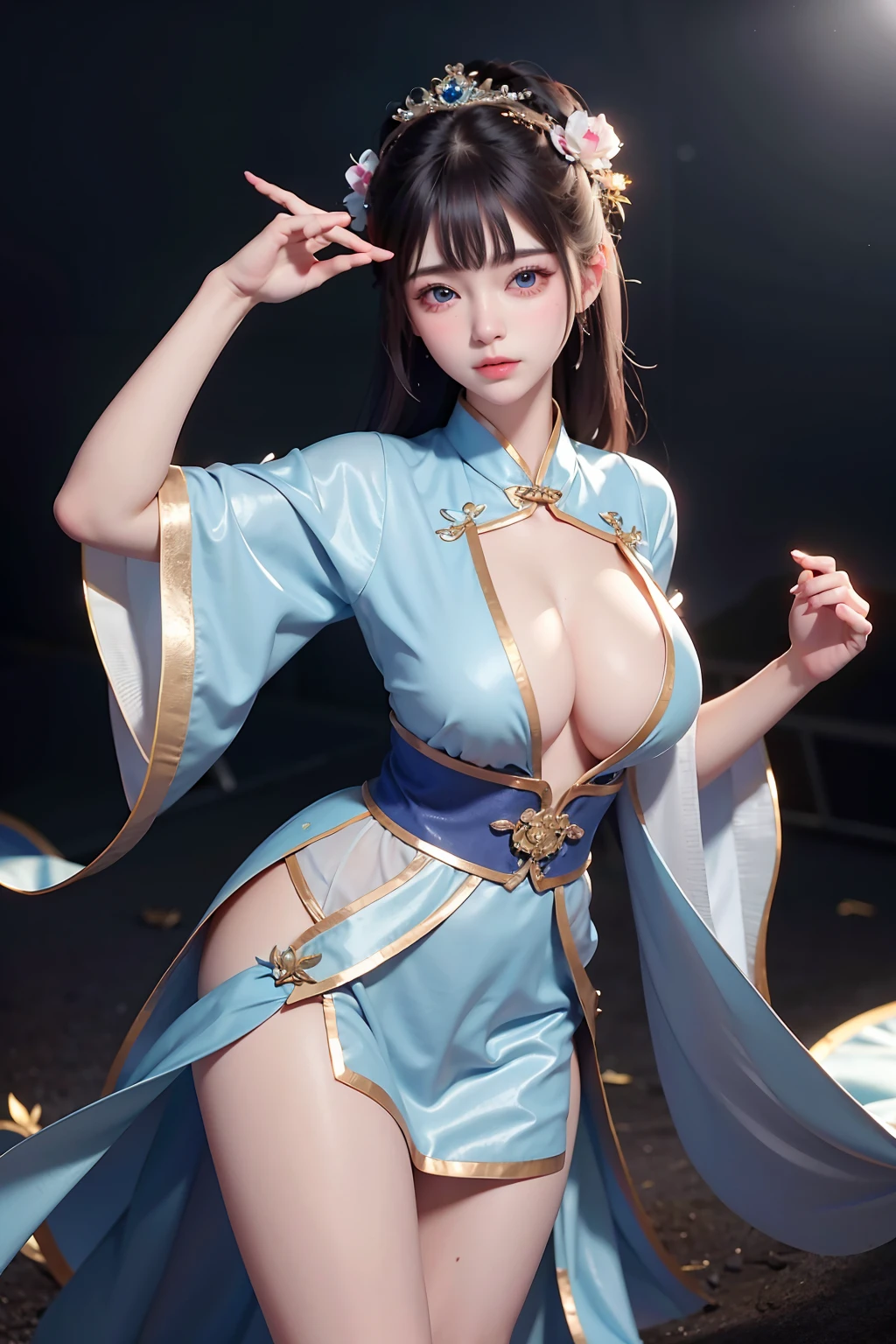 Wet-breasted Hanfu open V-chested clothes, All pictures, Wet body of thin silk fabric, Thin silk lace petticoat,princess 8 yeald old cute, (huge boobs,cleavage),petticoat, white pink, blue ,best qualtiy,tmasterpiece,超高分辨率,(真实感:1.4),RAW photogr,(True skin texture:1.3),(filmgrain:1.3),(Selfie angle),1个Giant Breast Girl,Beautiful eye and face details,tmasterpiece,Best quality at best,exposing thighs,Bigchest,The chest is more exposed,short detailed hair,above looking down facing at camera,short dressPrincess Eyes,Super big eyes,Detailed face,shiny pupils,