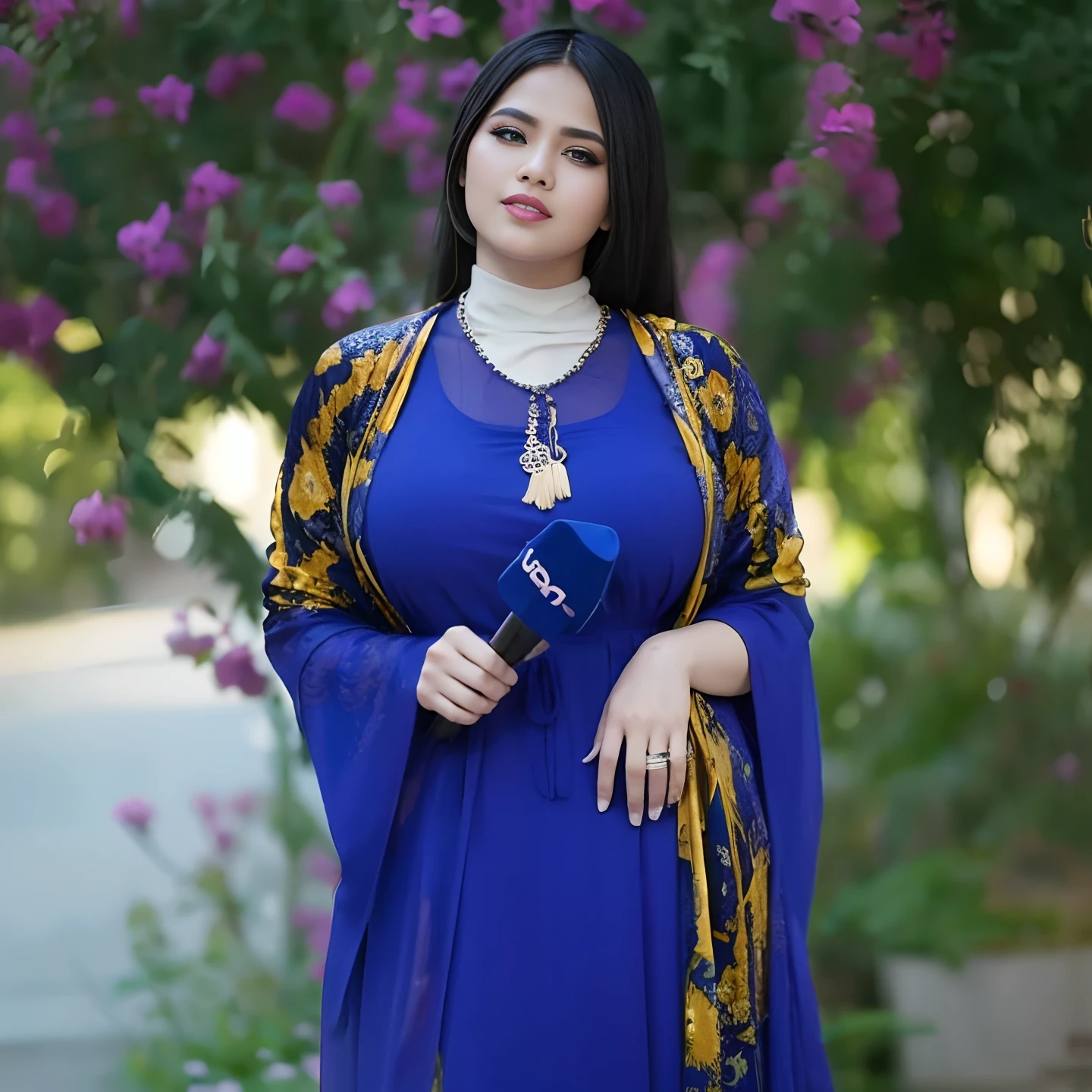 RAW, Best quality, high resolution, masterpiece: 1.3), beautiful Malay woman in hijab,Masterpiece, perfect slim fit body, (Huge breasts), big gorgeous eyes, Soft smile, Delicate turtleneck print sun dress, necklace, shairband, afternoon walk, City garden, Excellent lighting, Bright colors, Clean lines