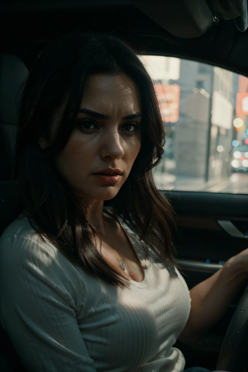 an angry beautiful woman behind the wheel, cinematic, ultra realistic