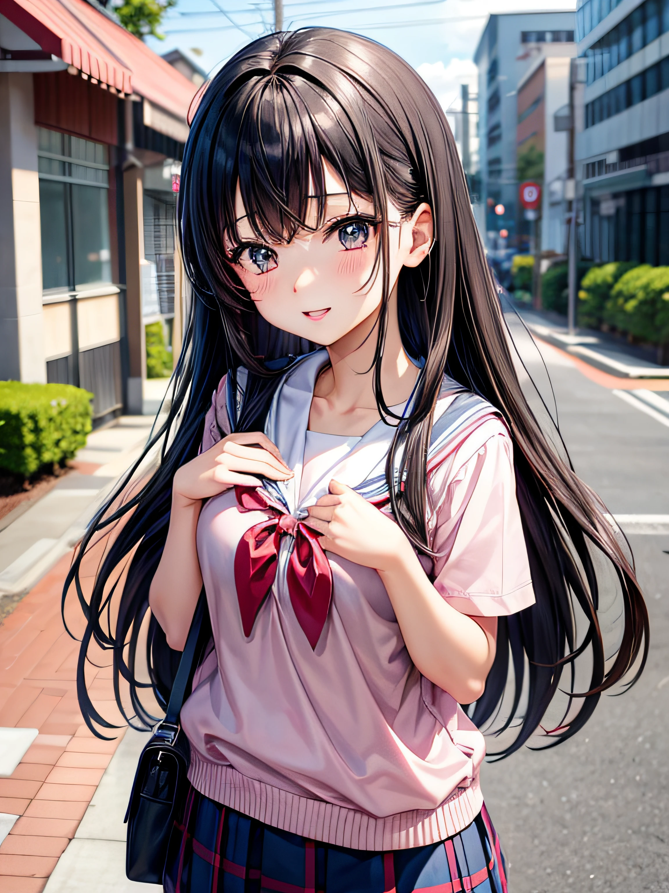 kawaii、hi-school girl、Anime style、A dark-haired、jpn、Staring at this、Figure Love