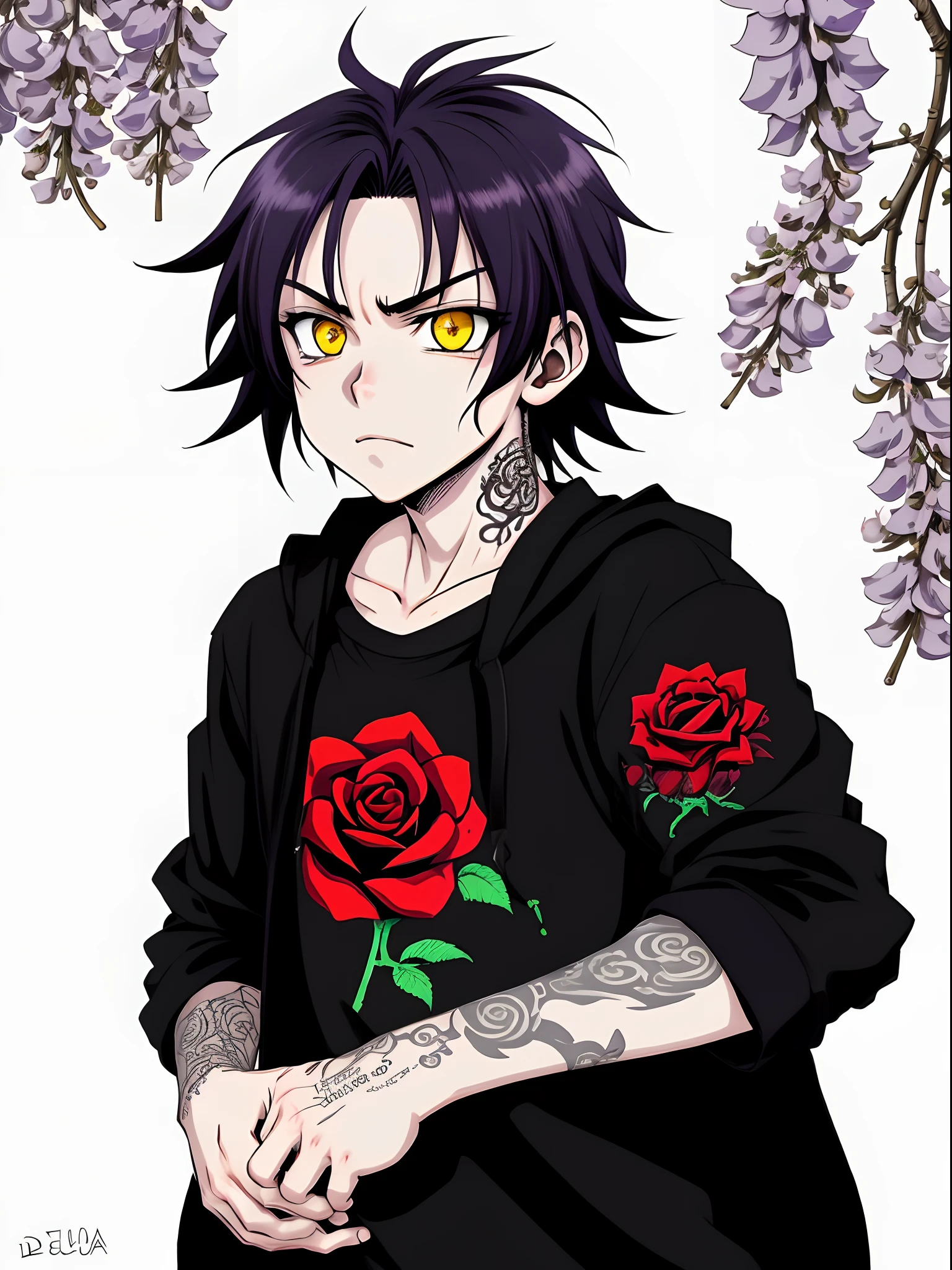 Make a Shonen-style drawing, de um menino de 20 anos musculoso, com um olho de cada cor lilas e dourado, cabelo preto e curto, estilo de roupa gotica social. ele tem uma cicatriz no olho esquerdo, And a rose tattoo on her hand