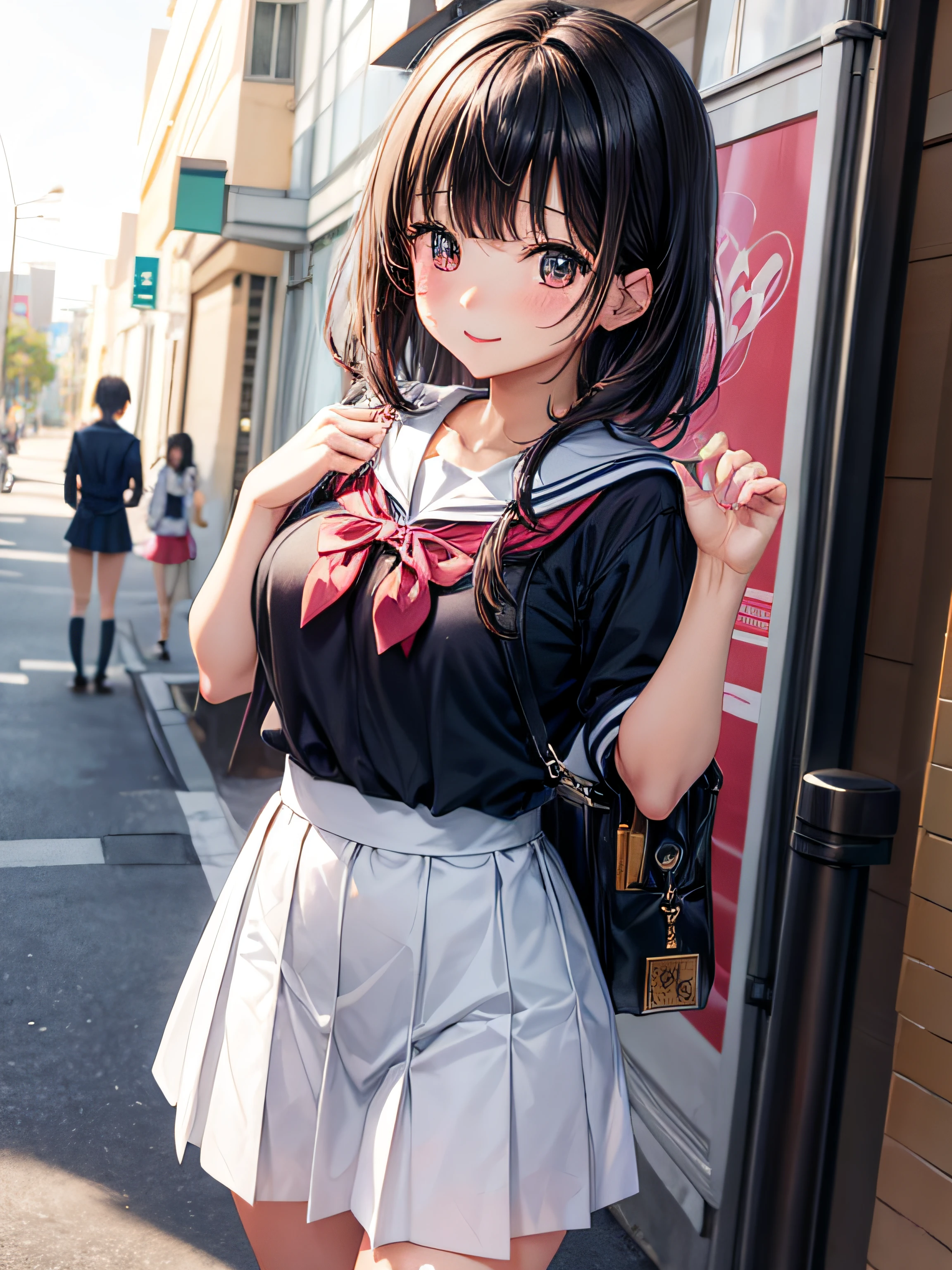 kawaii、hi-school girl、Anime style、A dark-haired、jpn、Staring at this、fleeting