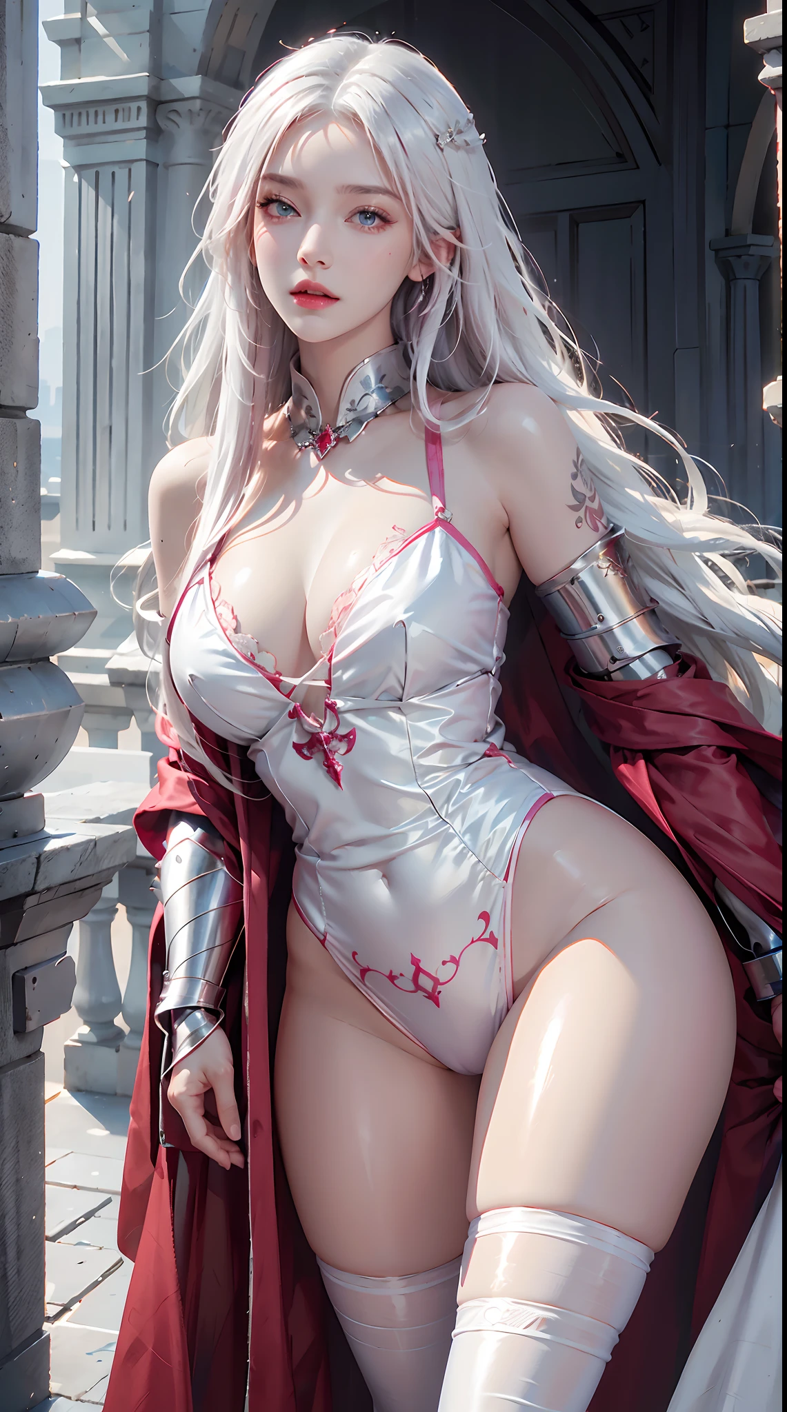 photorealistic, high resolution, 1women, shining skin, solo, hips up, tattoo, jewelry, pink lips, long white hair, blue eyes, closed mouth, castle, full armor, red armor, cloak,
